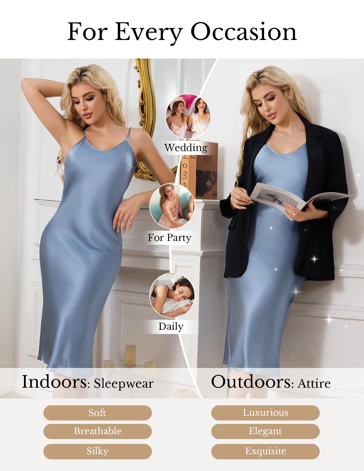 THXSILK Silk Long Nightgowns for Women, Pure Mulberry Silk Charmeuse Nightdress, Lingerie Adjustable Strap