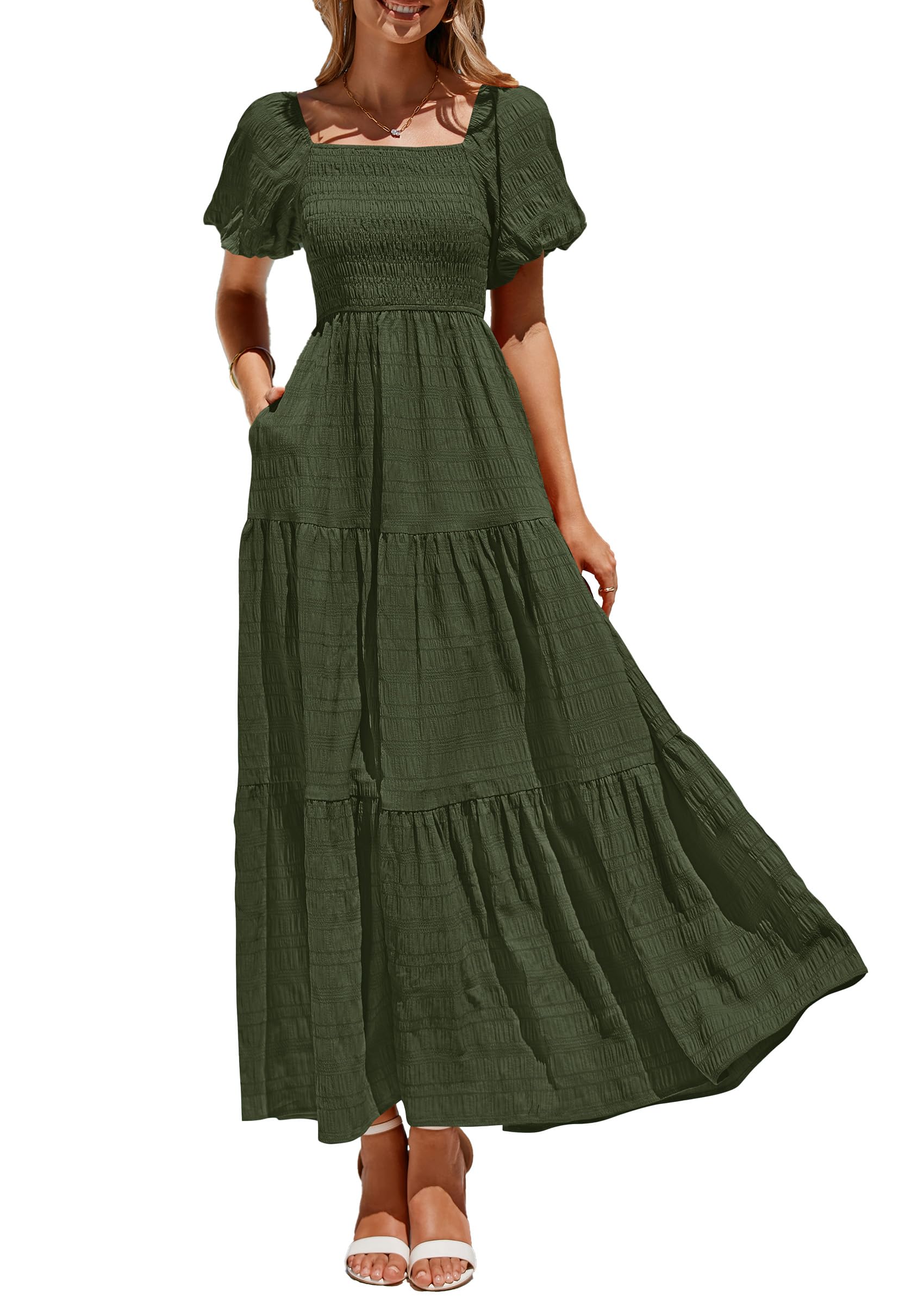 PRETTYGARDEN Womens Summer Puff Short Sleeve Maxi Dress Square Neck Smocked Tiered Ruffle A Line Long Flowy Beach Dresses (Army Green,Medium)