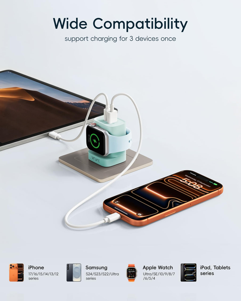VRURC Charger for Apple Watch, Built-in Wireless Magnetic Charging Station for iWatch SE/11/10/9/8/7/6/5/4, PD 20W USB C Charging Block, Foldable Wall Charger Fast for iPhone 17/16/15/14/13-Green