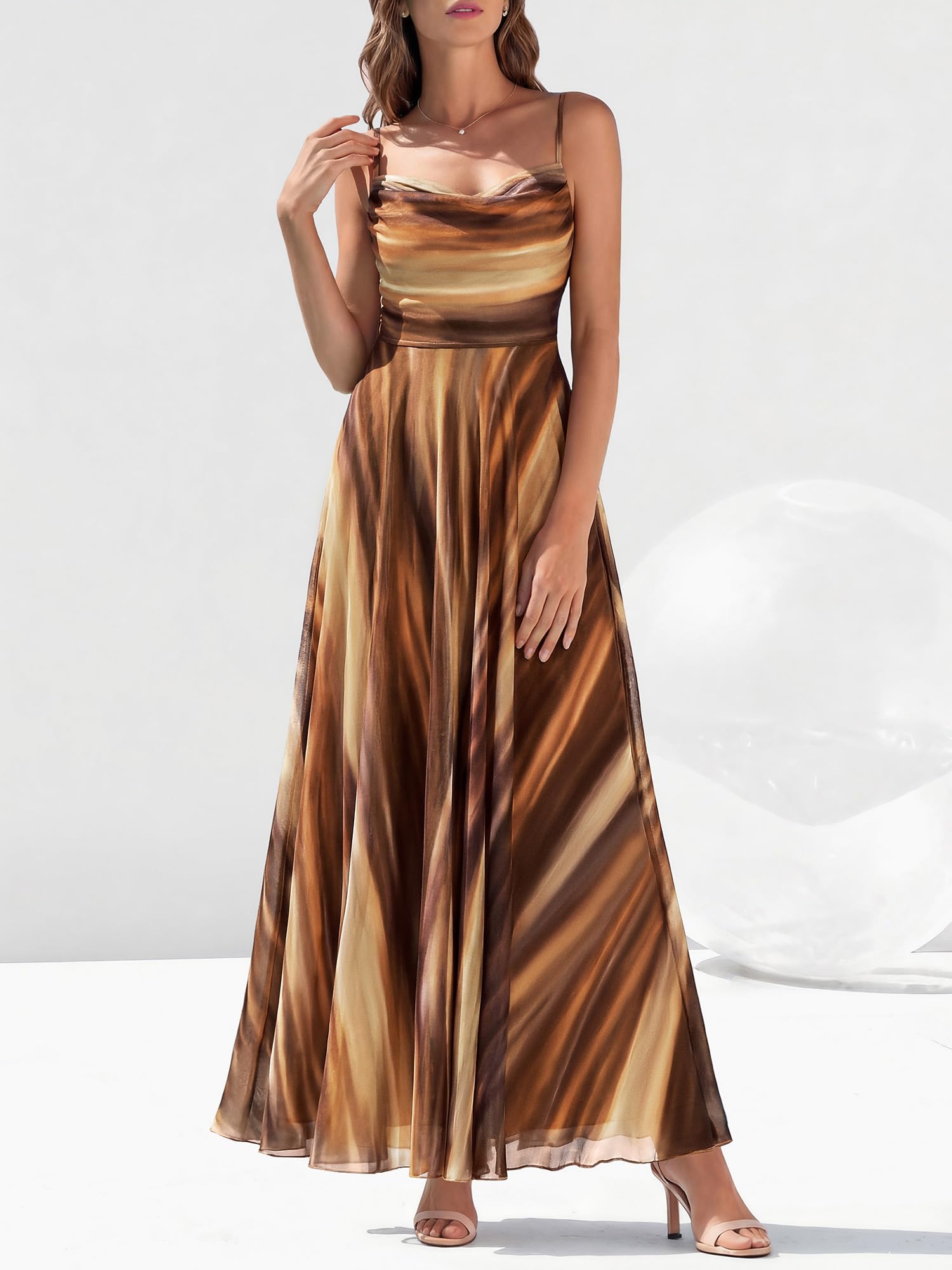 BTFBM Women Summer Floral Maxi Dresses Elegant Spaghetti Strap Dress Printed Party Dress Beach Long Dresses(Floral Brown,X-Large)