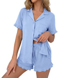 Ekouaer Pajamas Set for Women Button Down Pjs Lounge Sets Ruffle Short Sleeve Sleepwear Cute Loungewear,Light Blue,Small