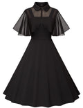 Milreason 1950s Dresses for Women Vintage Goth Swing Cocktail Dress with Pockets and Chiffon Shawl Black