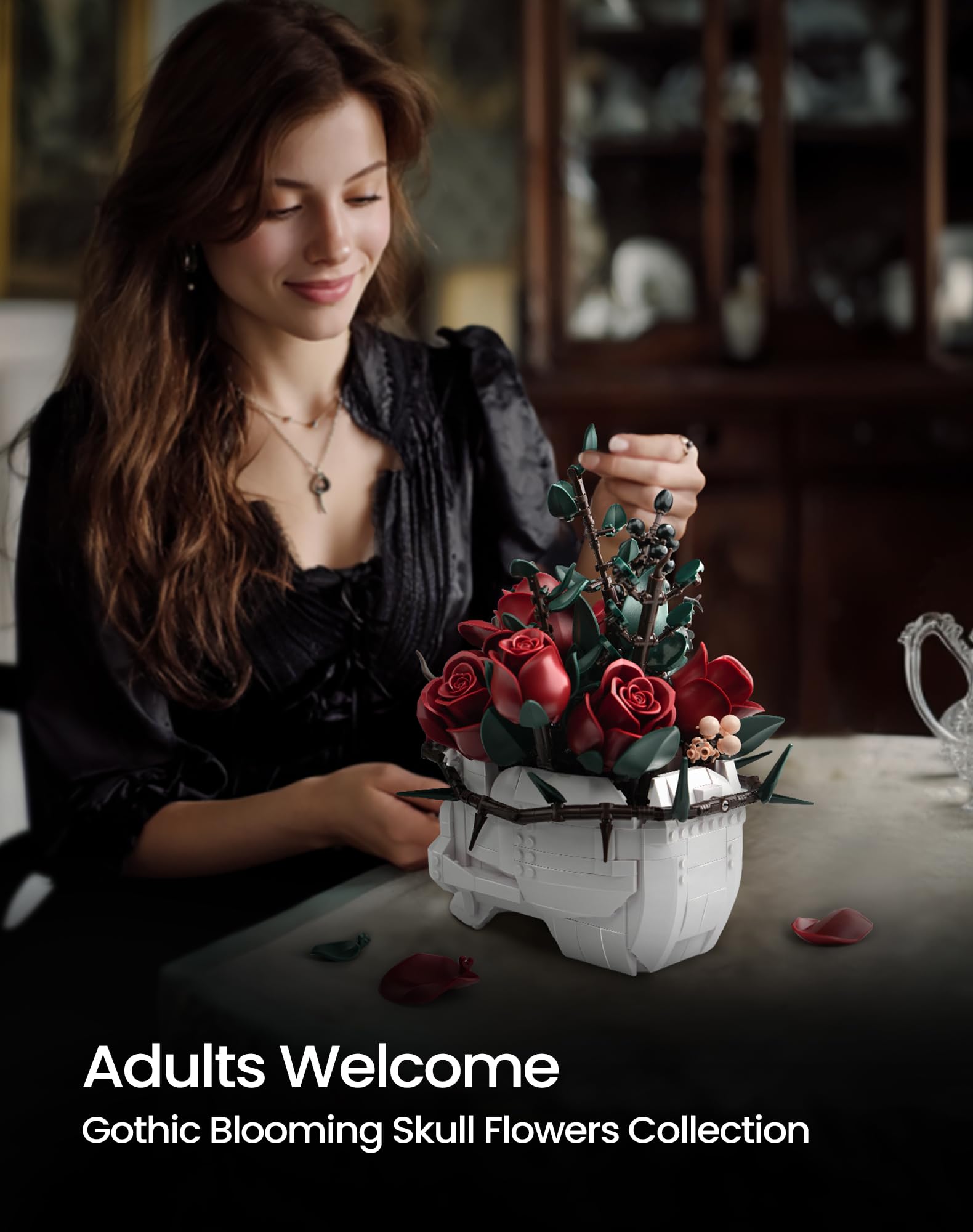 iATOM Skull Roses Flower Bouquet Building Set, Botanical Collection Kit for Adult Women, Gift for Valentines Day for Her/Girlfriend/Mom/Wife/Couple, Goth Horror Skeleton Pot Home Table Decor Aesthetic