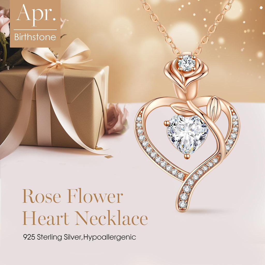 LOUISA SECRET Mothers Day Gifts for Mom Rose Flower Heart Birthstone Necklaces for Women, 925 Sterling Silver Jewelry, Pendant Heart Necklaces Birthday Anniversary Christmas Gift for Women Wife Mom Girlfriend Lady