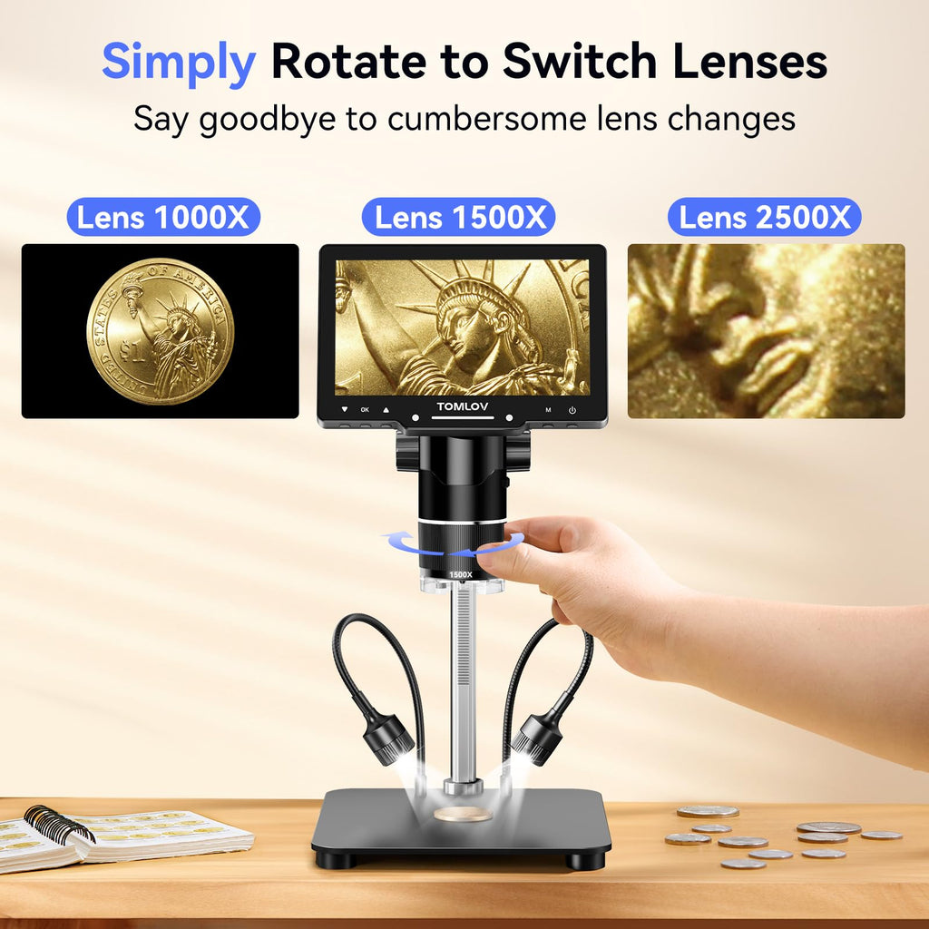 TOMLOV TriL107 3-Lens Digital Microscope: 7" 2500X 2K HDMI Coin Microscope Magnifier for Whole Coin View with IPS Screen, LCD Soldering Microscopes for Adults, 14 LED Lights, PC/TV Compatible, 64GB