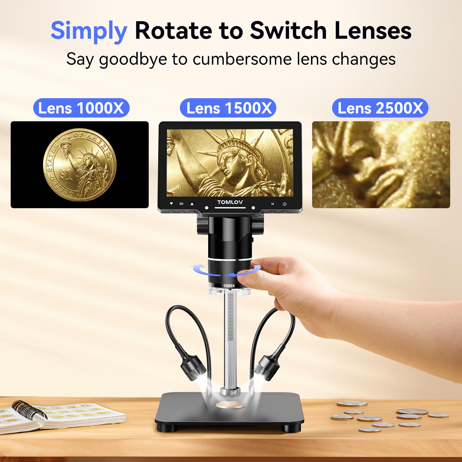 TOMLOV TriL107 3-Lens Digital Microscope: 7" 2500X 2K HDMI Coin Microscope Magnifier for Whole Coin View with IPS Screen, LCD Soldering Microscopes for Adults, 14 LED Lights, PC/TV Compatible, 64GB