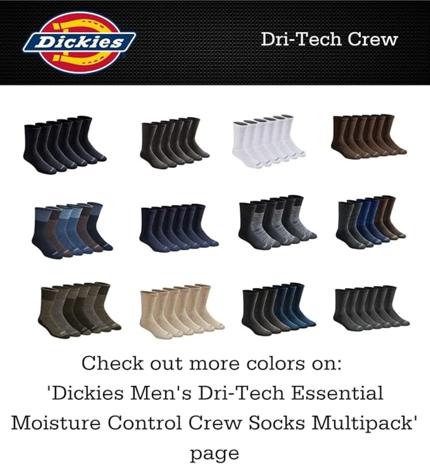 Dickies Men's Dri-Tech Original Moisture Control Crew Socks, Available in M-XXL (6, 12, 18 Pairs), Black (6 Pairs), X-Large