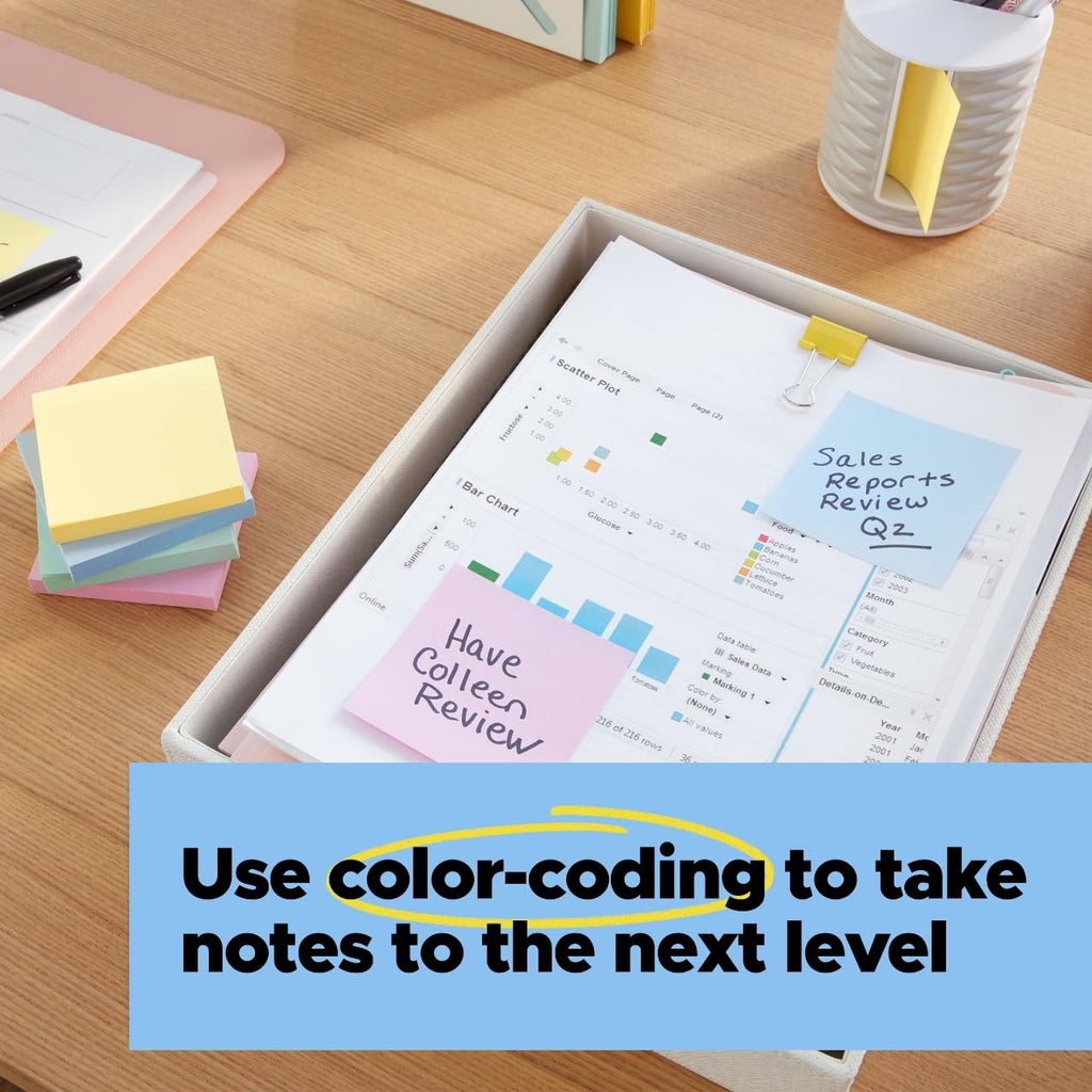Post-it 100% Recycled Paper Super Sticky Notes, 3 in. x 3 in., 5 Pads, 70 Sheets per Pad, Wanderlust Pastels, New Year Organization or Second Semester School Supplies