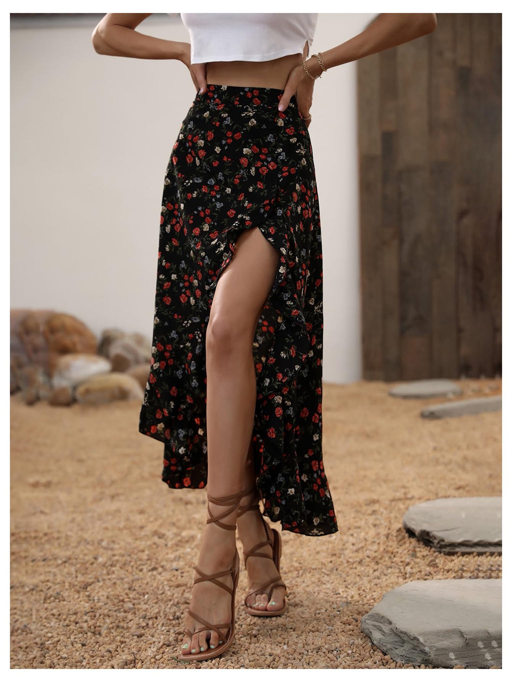WDIRARA Women's Boho Floral Print Ruffle Maxi Skirt High Waisted Split Long Skirts Multicolor X-Large