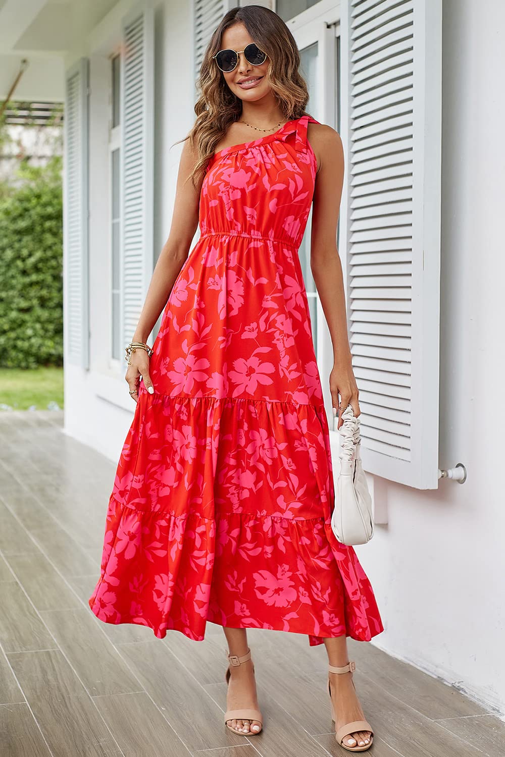 PRETTYGARDEN Women's Summer Floral Maxi Dress Knot One Shoulder Sleeveless Ruffle Flowy Boho Beach Wedding Guest Dresses (Red Floral,Medium)