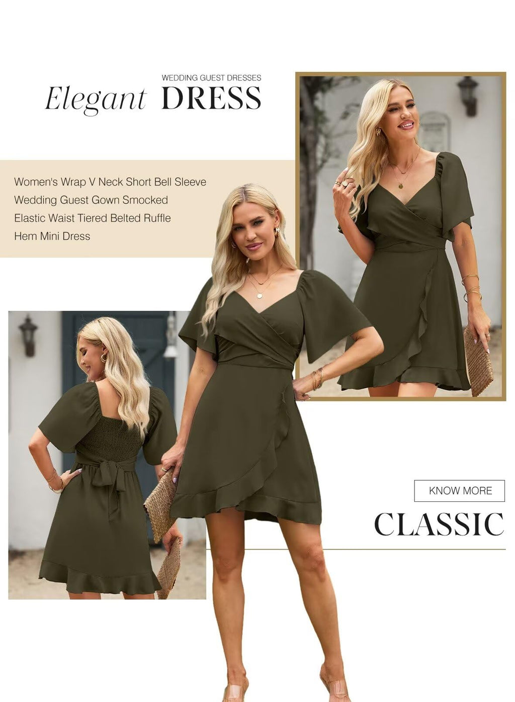 Dokotoo Women's Wrap V Neck Short Sleeve Smocked Elastic Waist Tiered Belted Ruffle Hem Mini Dress Cocktail Dresses for Women Wedding Guest Dress Moss Green L