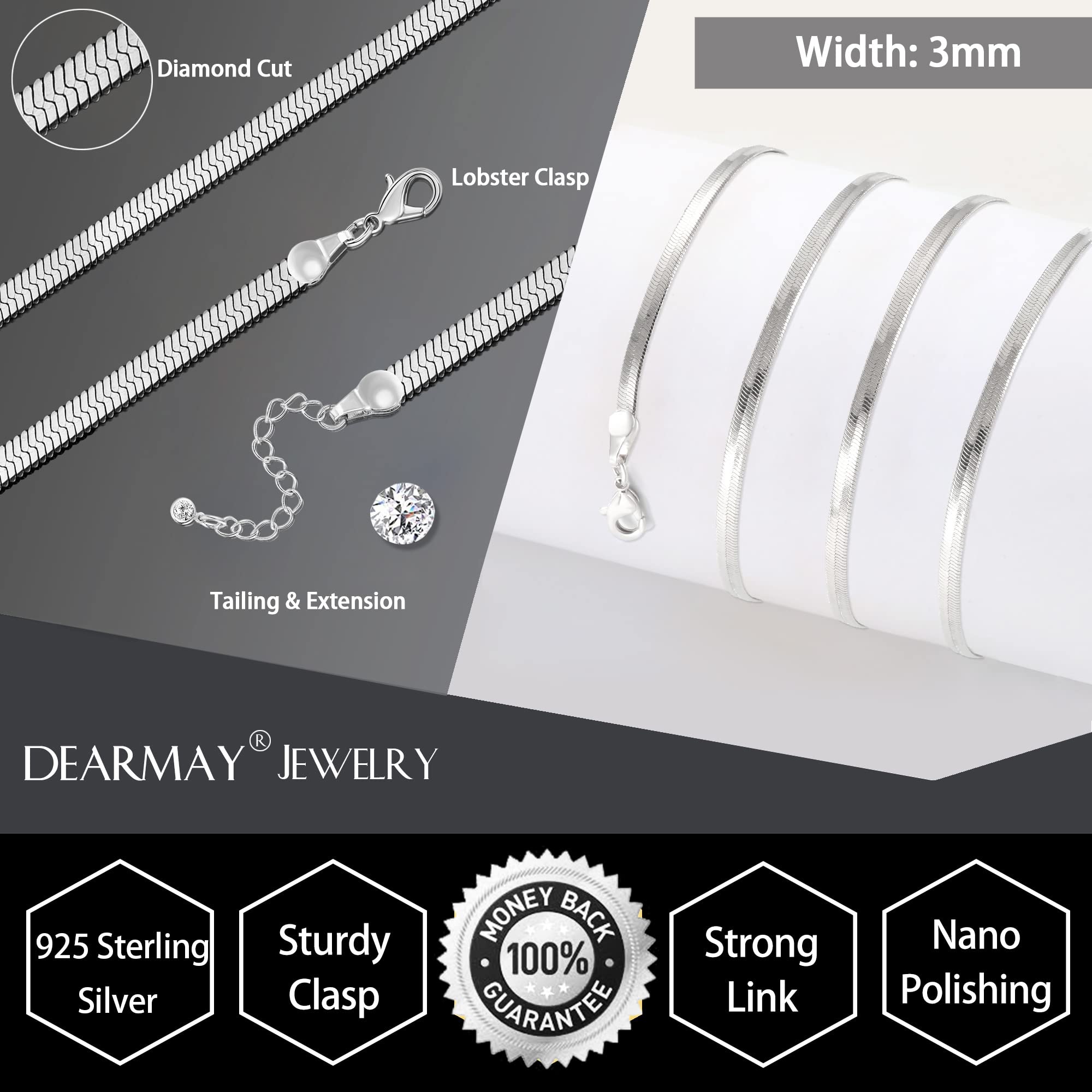 DEARMAY Silver Plated Herringbone Necklace for Women Dainty Sterling Silver Necklace Sterling Silver Choker Thin Snake Chain Necklaces