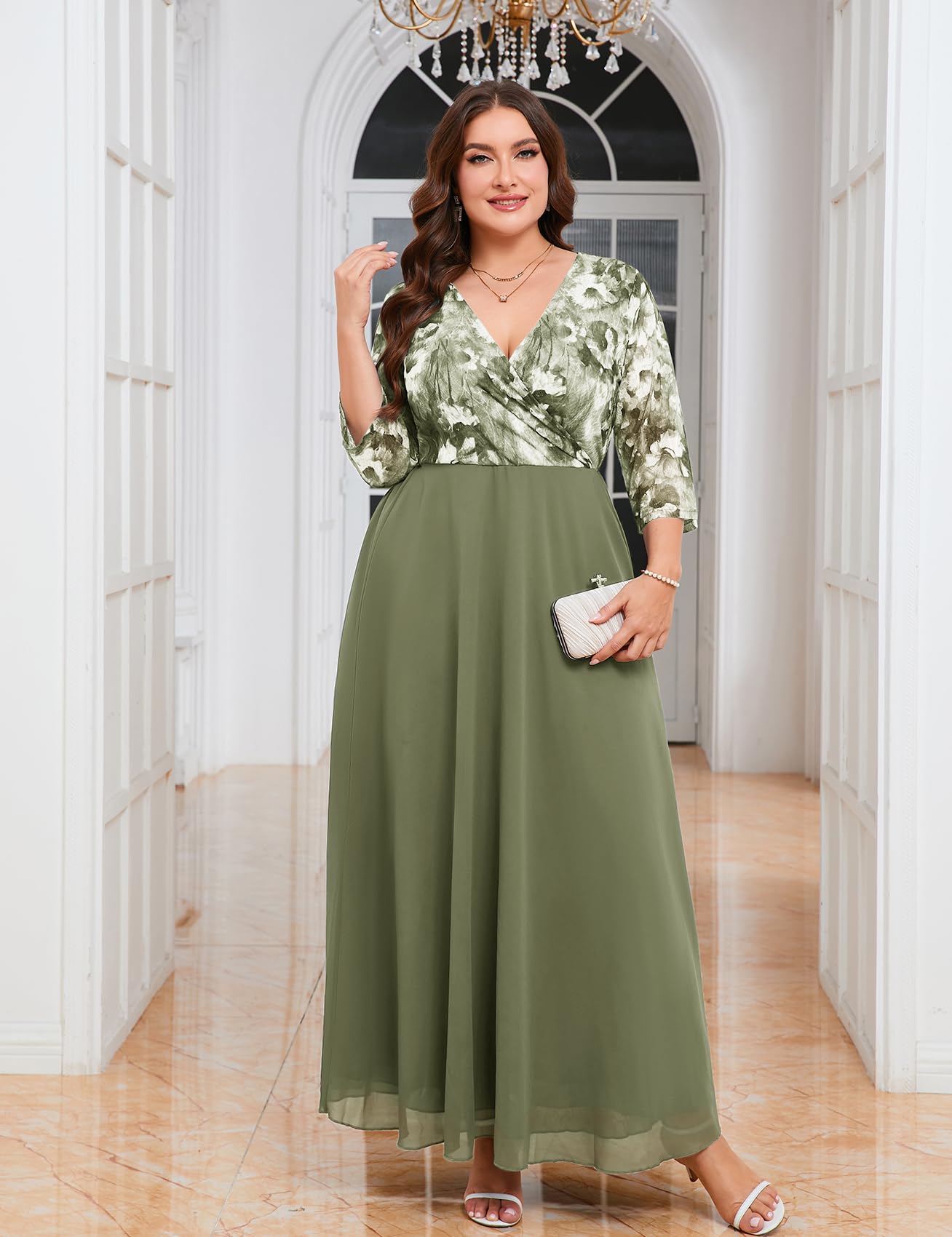 ZOMVA Plus Size Maxi Formal Dress Lace Chiffon Floral V-Neck Wrap Wedding Guest Evening Gown Cocktail Prom 3/4 Sleeves, Light Green Floral, 3X