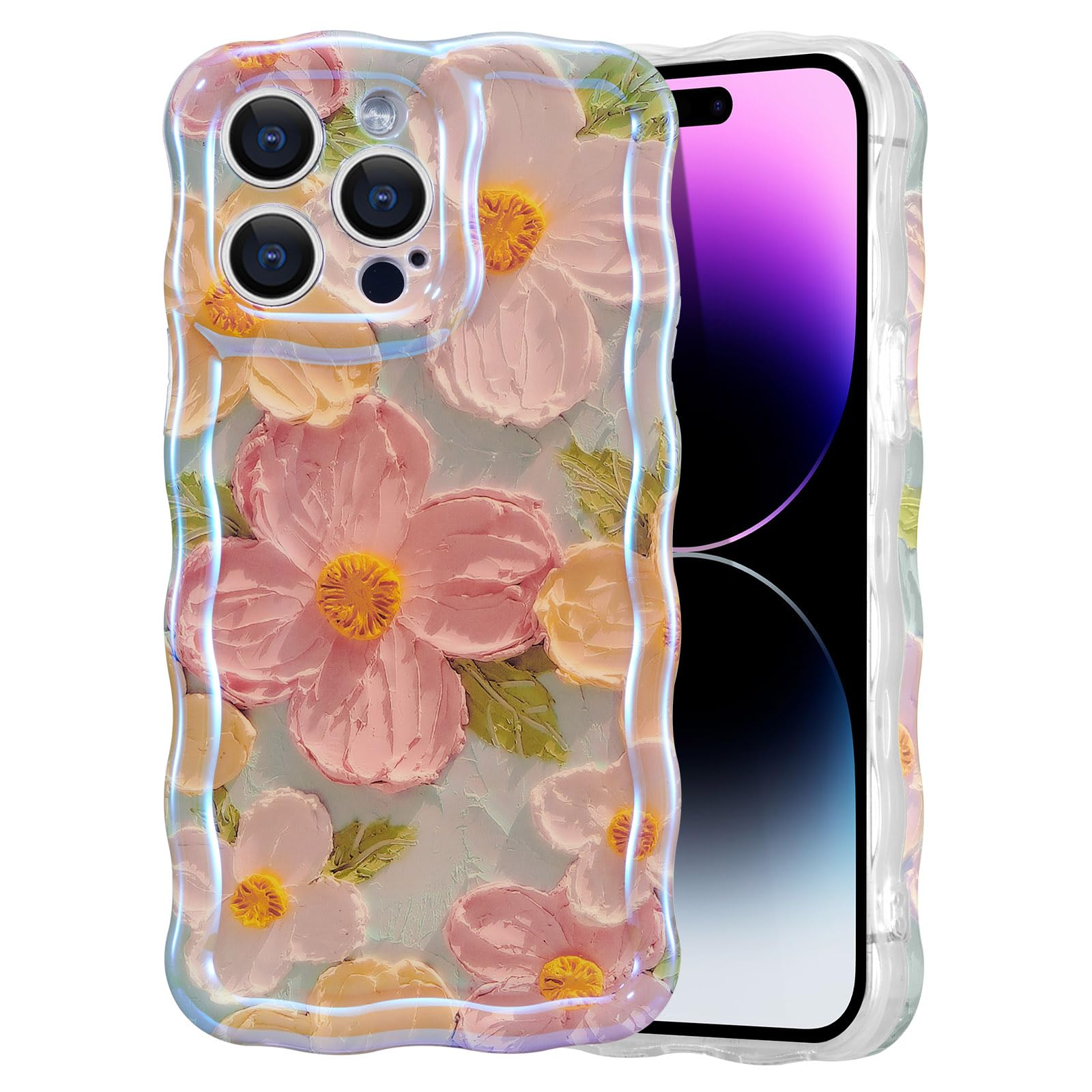 EYZUTAK Case for iPhone 15 Pro Max, Colorful Retro Oil Painting Printed Flower Laser Glossy Pattern Cute Curly Wave Edge Exquisite Phone Cover Stylish Durable TPU Protective Case for Girls Women-Green