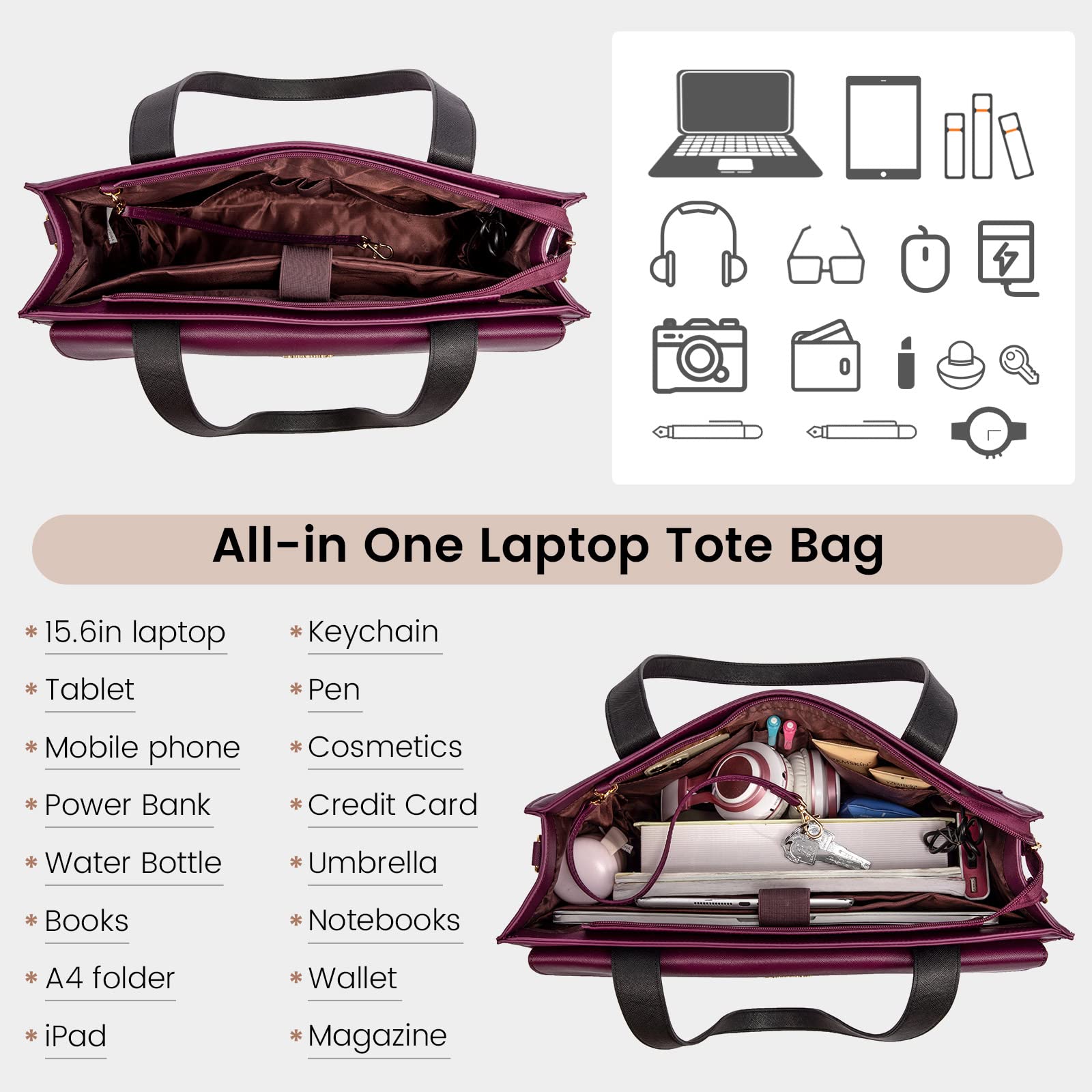 LOVEVOOK Laptop Bag for Women 15.6 Inch Tote Work Professional Leather Computer Briefcase Waterproof Handbag Shoulder Large Capacity Business Teacher Office Crossbody Purse