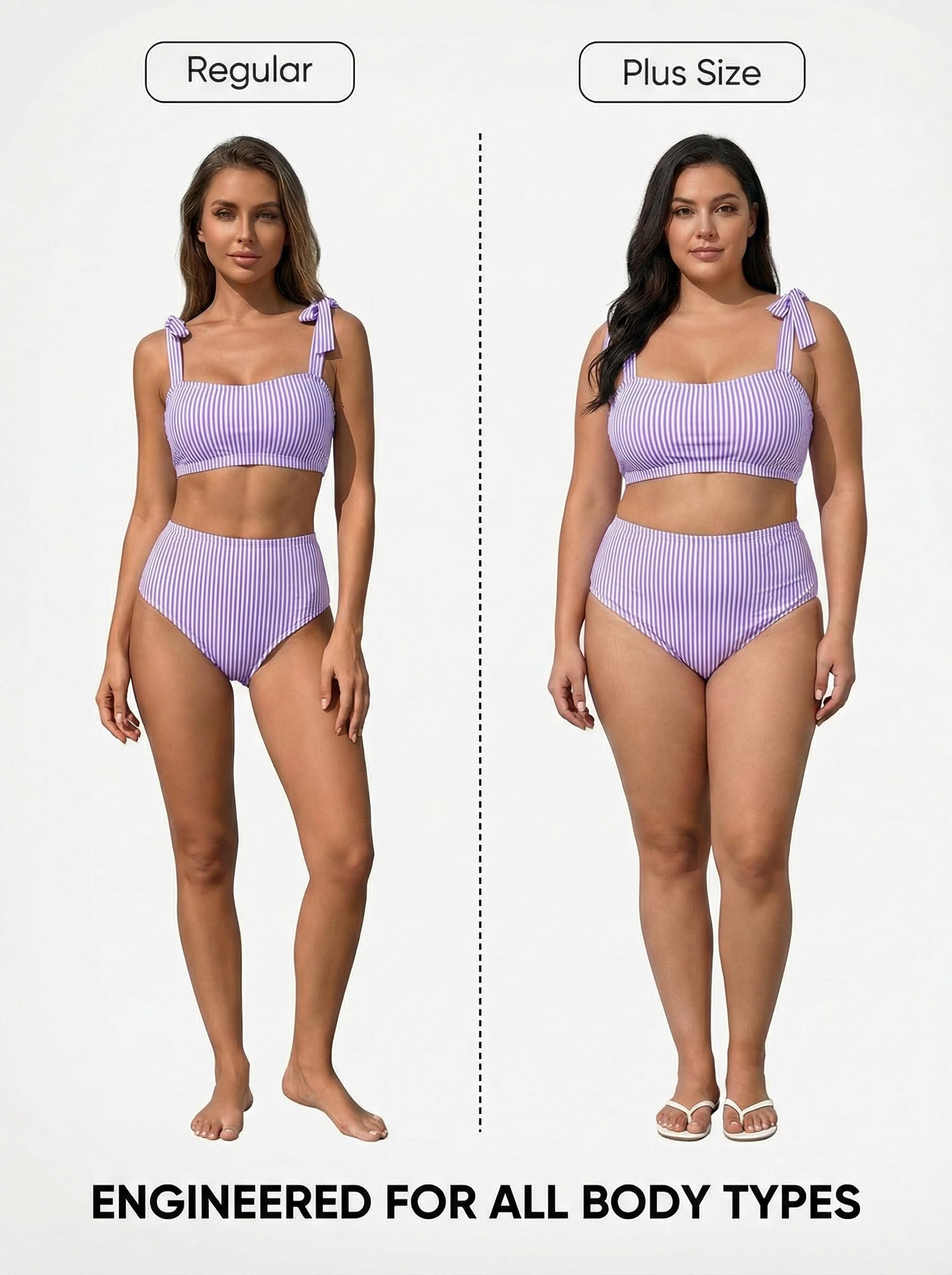 Herseas Women's Striped Adjustable Tie Shoulder Bikini Set Full Coverage Swimsuits High Waisted Two Piece Bathing Suits Flattering Stretchy Cruise Essentials Medium