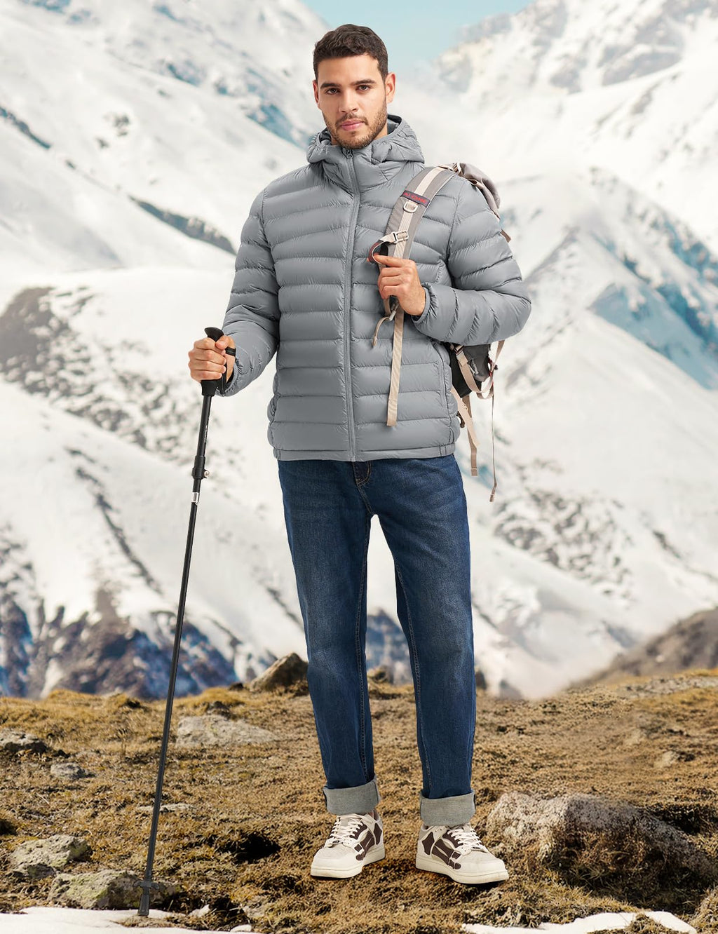 TBMPOY Mens Lightweight Packable Puffer Jackets with Hood Winter Bubble Coat Water-Resistant Puffy Jacket for Hiking Travel Ski Light Grey L