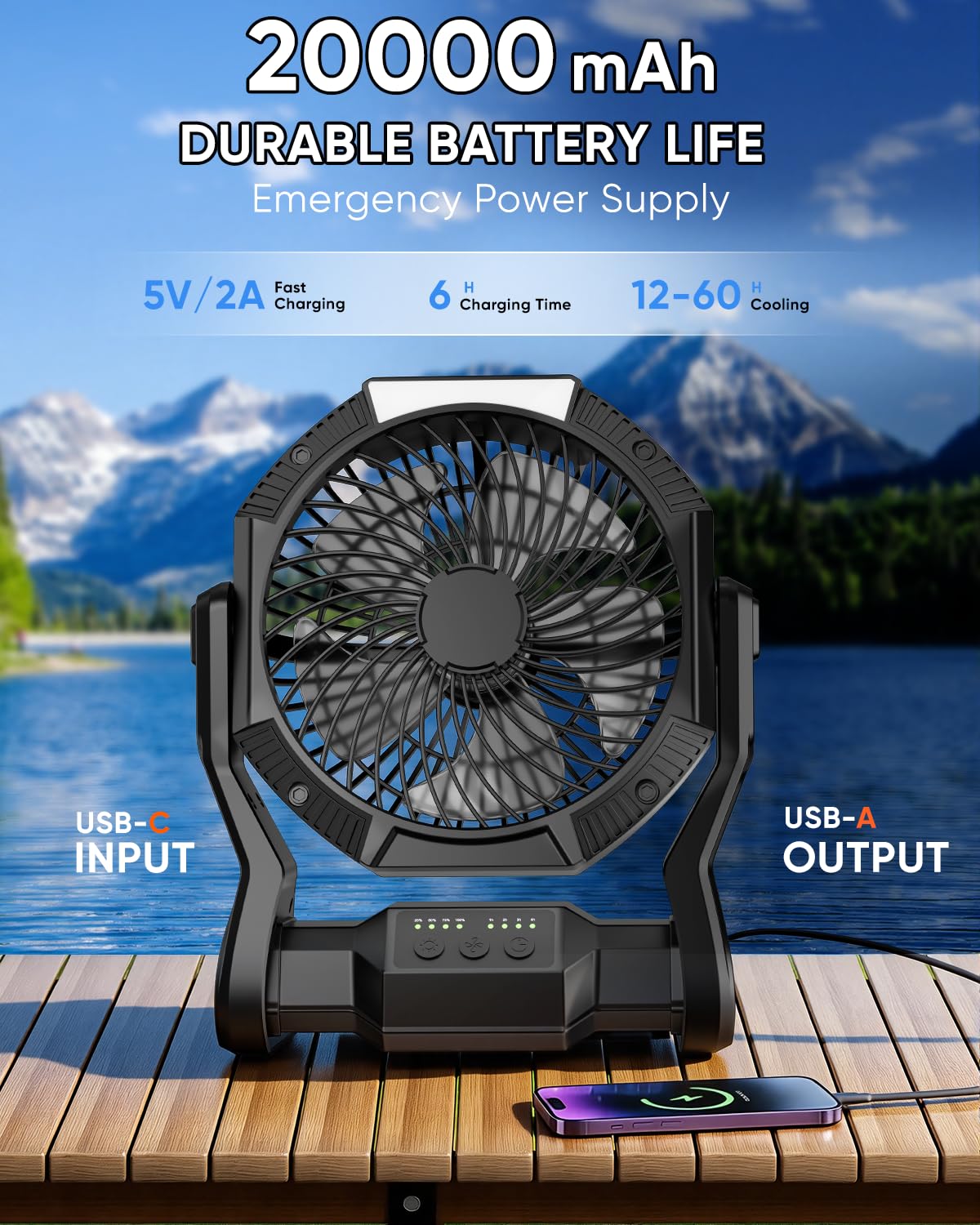 Aynvixt Portable Rechargeable Fan, 20000mAh Battery Powered Camping Fan with LED Light & Hook, 270° Adjustable, 4-Speed, 4H Timer Camping Essentials for Outdoor Tent Travel BBQ Car, Gifts for Men Dad