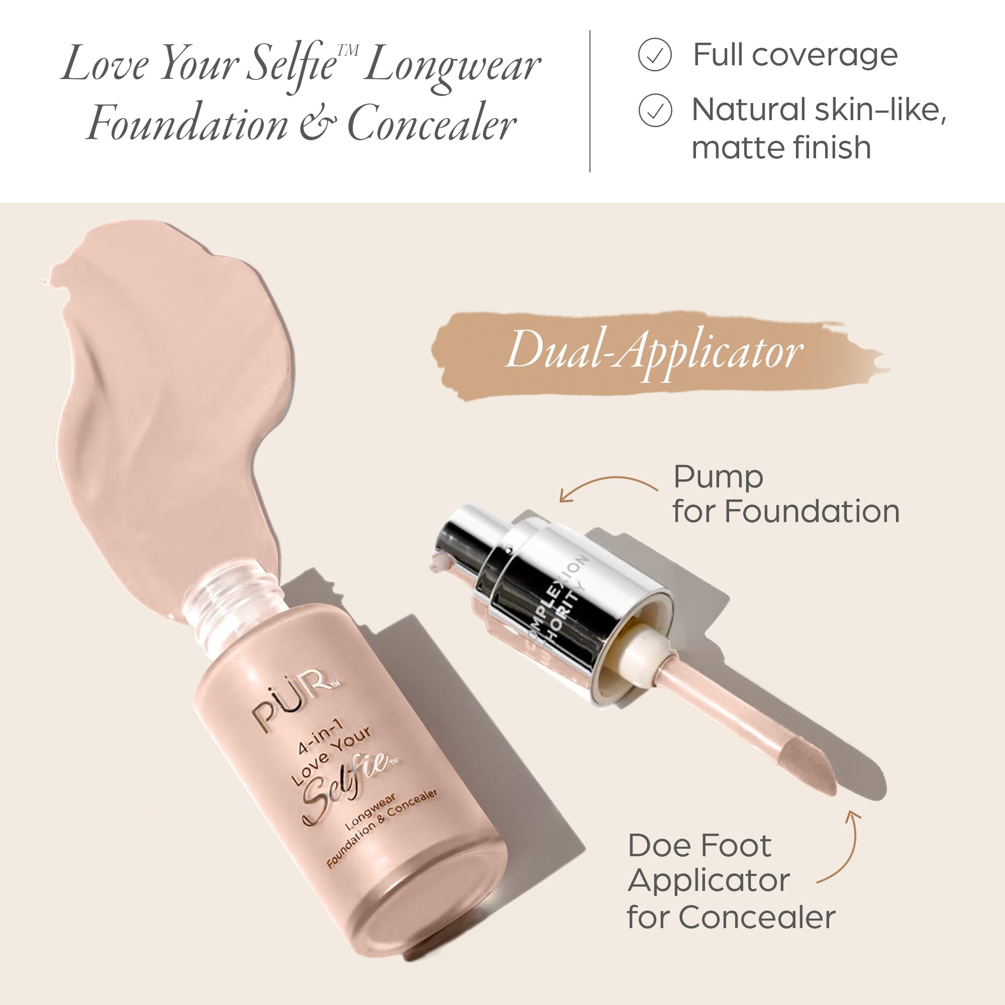 PÜR MINERALS 4-in-1 Love Your Selfie Longwear Foundation and Concealer - Unique, Dual-Applicator Component - Covers Blemishes and Imperfection - Reduce Fine Lines and Wrinkles - MP3 - 1 oz Makeup