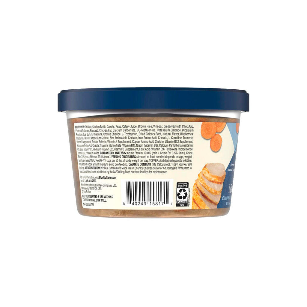 Blue Buffalo Love Made Fresh Natural Adult Dog Food, Refrigerated, Chunky Chicken Stew with Carrots and Peas, Fresh Dog Food, Ready-to-Serve, 1-lb Tub