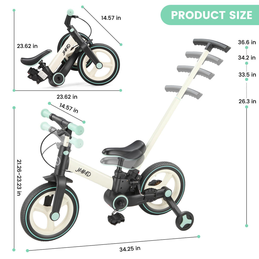 JMMD 6 in 1 Toddler Bike with Push Handle for Kids 18-60 Months, 12" Foldable Balance Bike with Training Wheels, Pedals, Brakes, Kickstand, Push Tricycle Toddler Gift & Toys for Boy & Girl