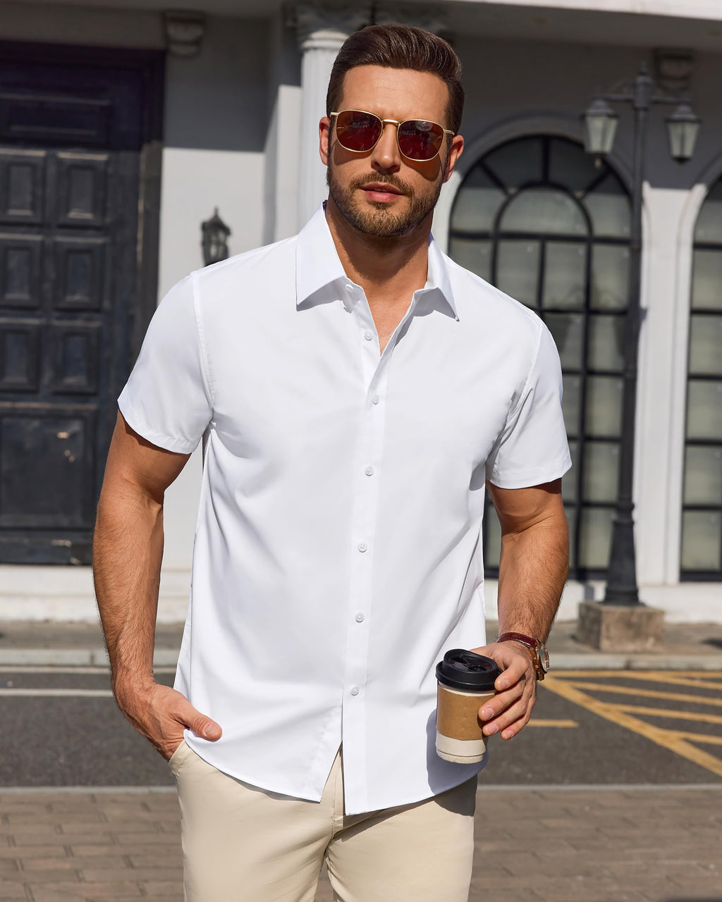 Lusead White Short Sleeve Dress Shirt Men Stretch Stain Shield Button Down Shirts Solid Wrinkle Free Formal Tops Office L