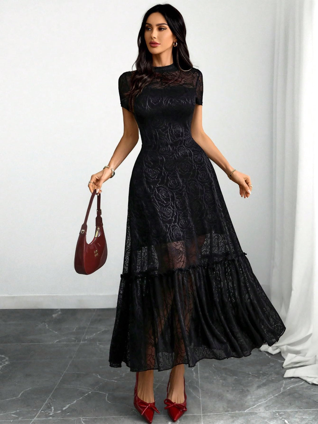 GothDark Womens Elegant Vintage Floral Lace Dress Short Sleeve Double Layer Gothic Midi Wedding Guest Cocktail Dresses Black