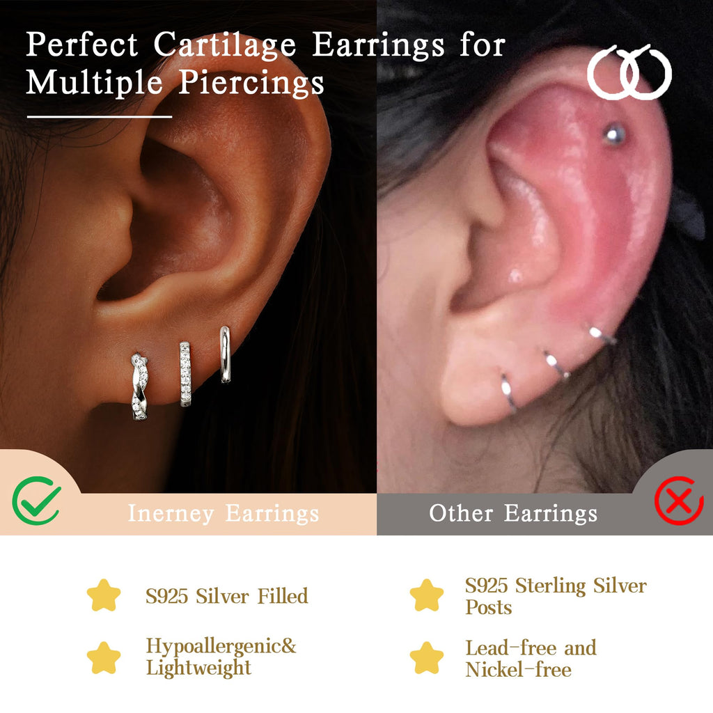 Inerney 925 Sterling Silver Huggie Hoop Earrings Set for Women, Dainty Small Cartilage Hoops Hypoallergenic Jewelry for Multiple Piercings, Trendy Twisted Mini Earring Stacks Gift for Sensitive Ears