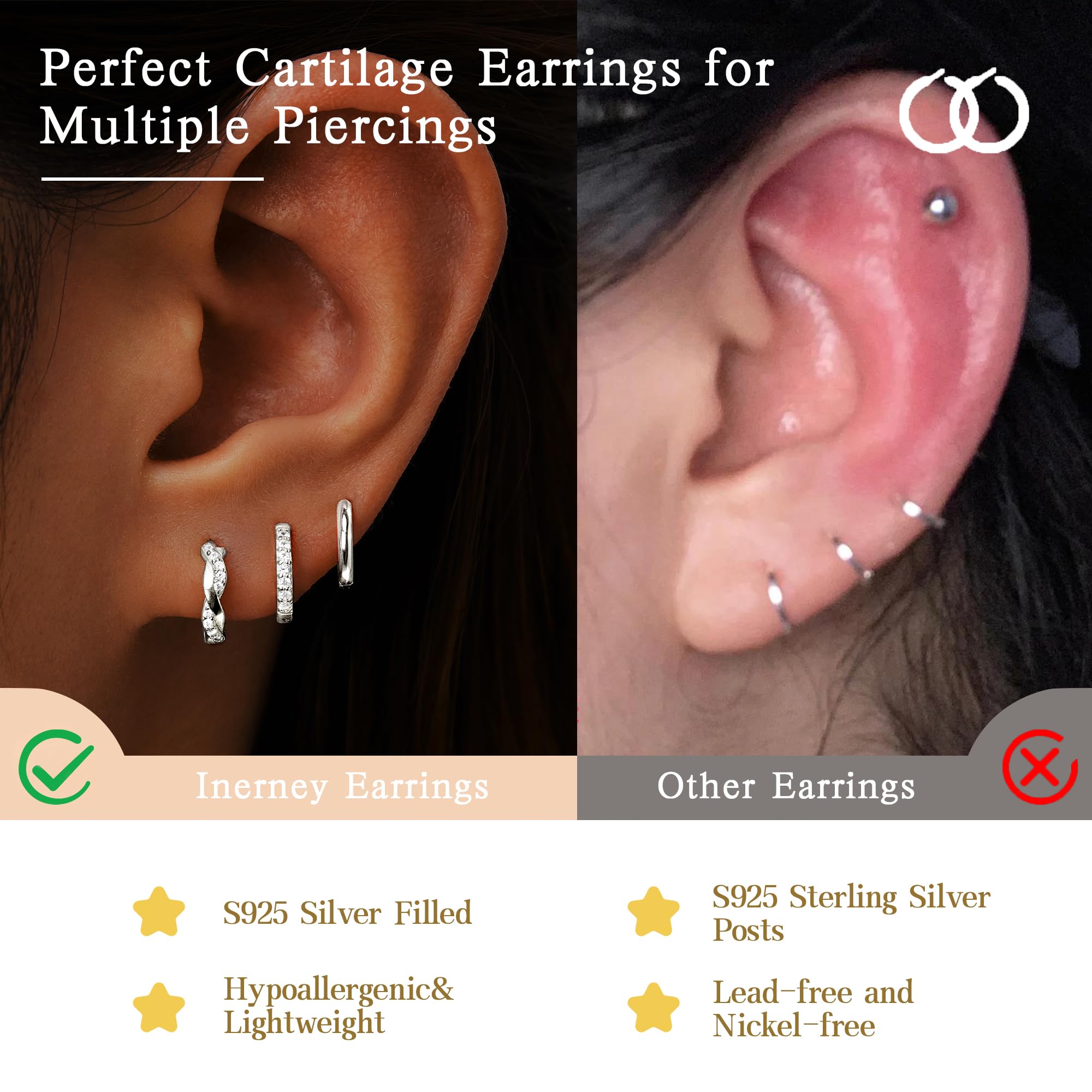 Inerney 925 Sterling Silver Huggie Hoop Earrings Set for Women, Dainty Small Cartilage Hoops Hypoallergenic Jewelry for Multiple Piercings, Trendy Twisted Mini Earring Stacks Gift for Sensitive Ears