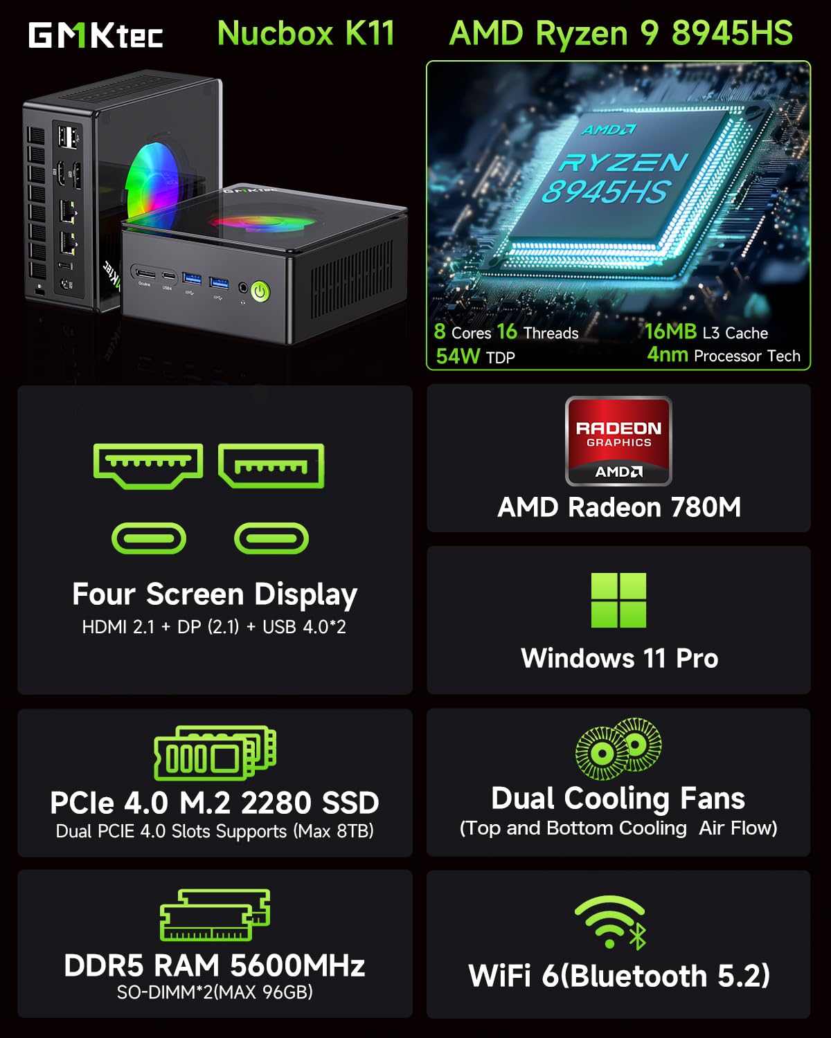 GMKtec Gaming PC, K11 AMD Ryzen 9 8945HS(8C/16T, Up to 5.2GHz), 32GB DDR5 RAM 512GB Mini PC Desktop Computer, Oculink, Dual NIC 2.5GbE LAN, HDMI/DisplayPort/USB4*2