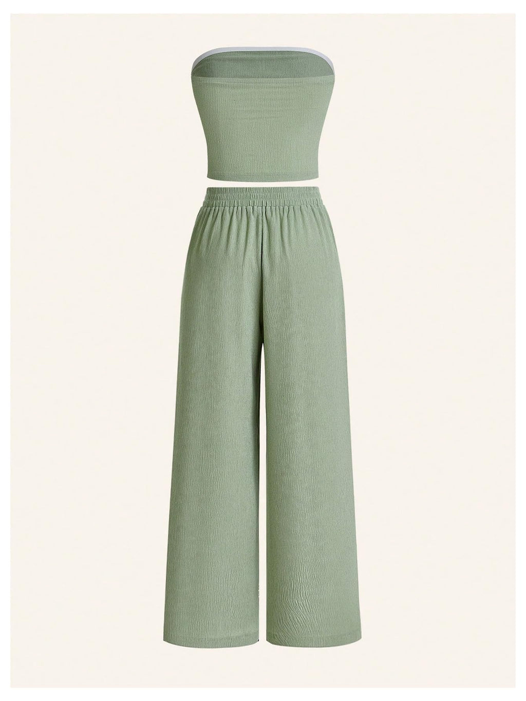 WDIRARA Women's 2 Piece Set Ruched Strapless Tube Top Wide Leg Pants Outfits Green Small