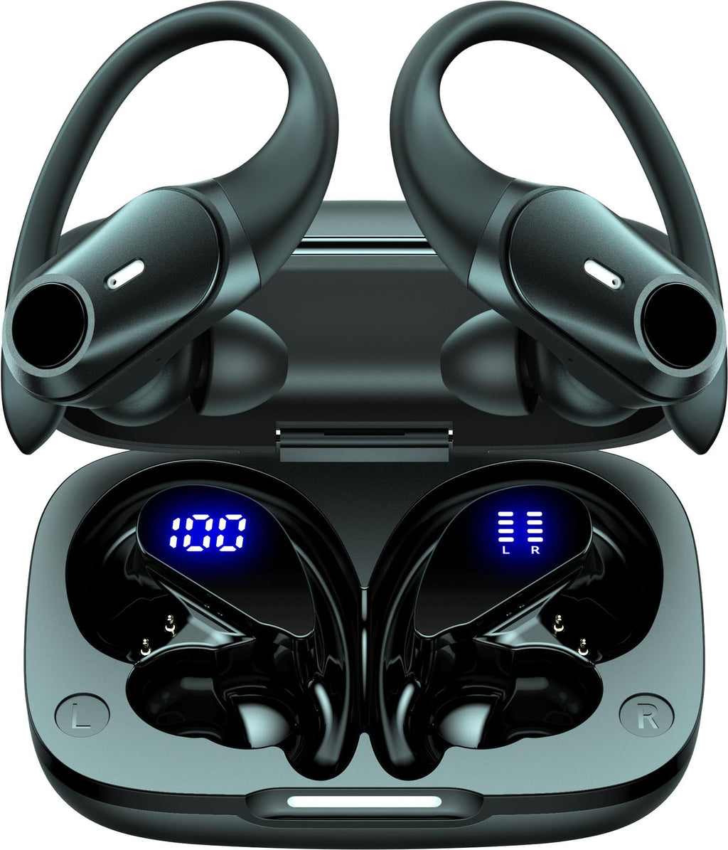 Active Noise Cancelling Earbuds Wireless Bluetooth Headphones 80H Playtime LED Power Display Charging Case Over Ear Hooks Ear Buds with Hi-Res Sound & Clear Calls for Sports Running Gym Workout Black