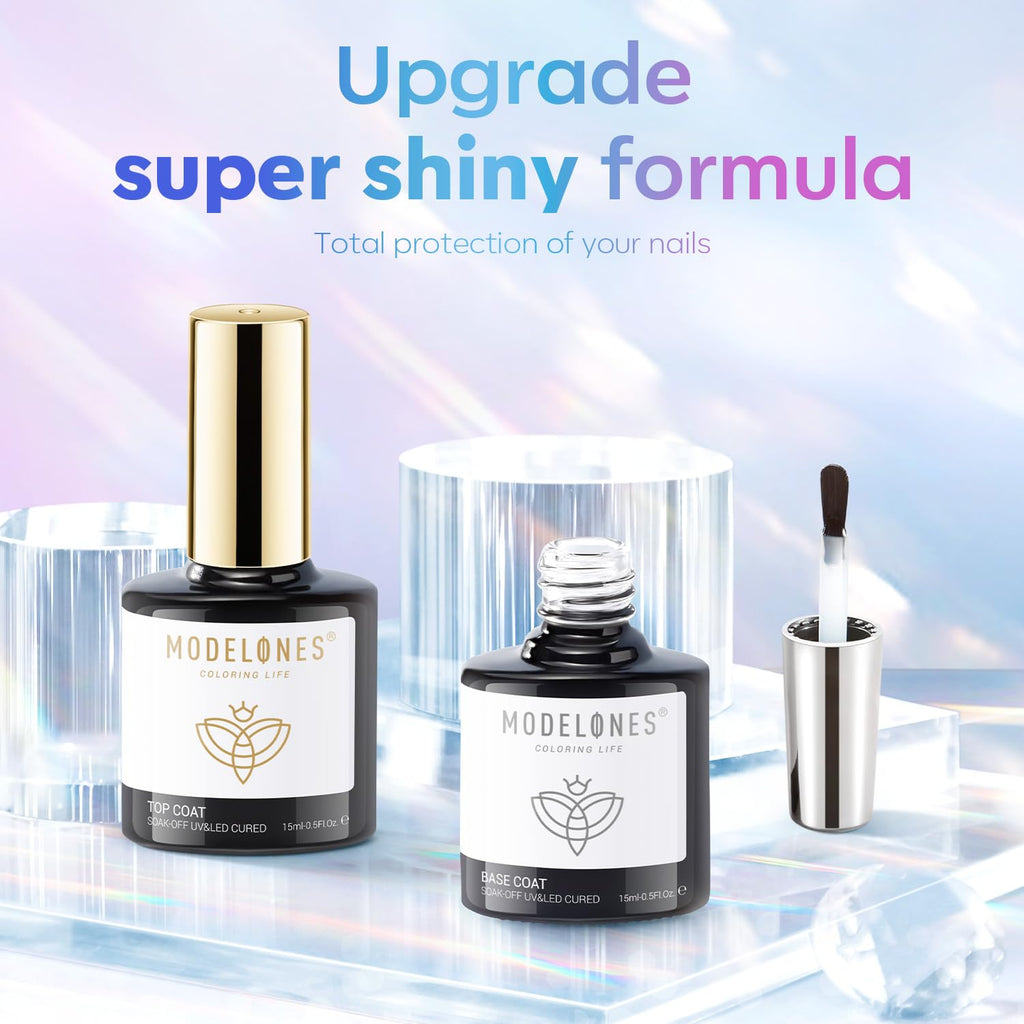 modelones Gel Top Coat, 15 ml 2026 Upgrade Super Shiny Base and Top Coat Set, Soak Off Nail Lamp Acid Free No Wipe Clear Base Top Gel Nail Polish