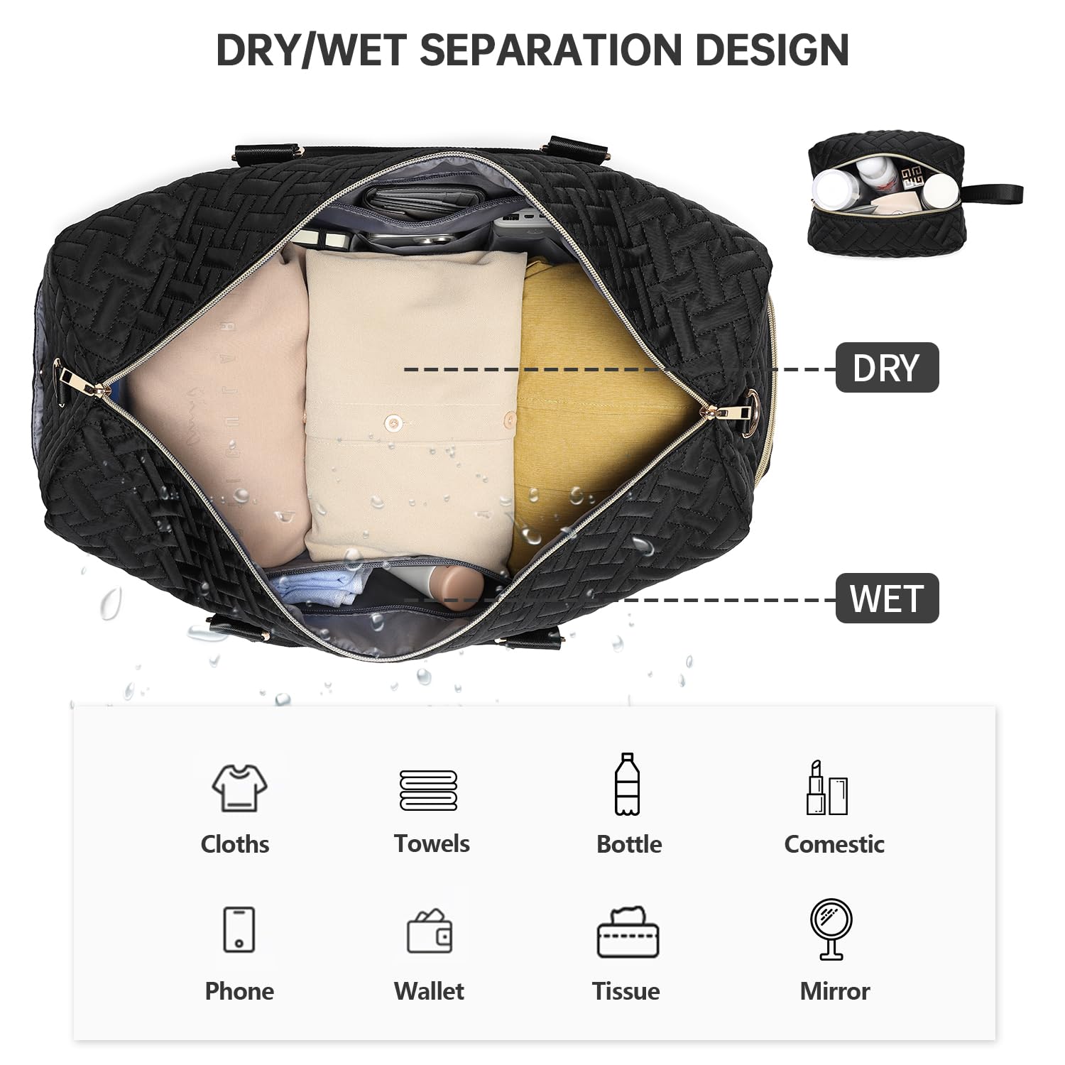 Duffle Bag for Travel, Weekender Bag with Shoe Compartment, Carry On Overnight Bag for Women with Toiletry Bag, 50L Gym Bag with Wet Pocket, Hospital Bags for Labor and Delivery Black Gold