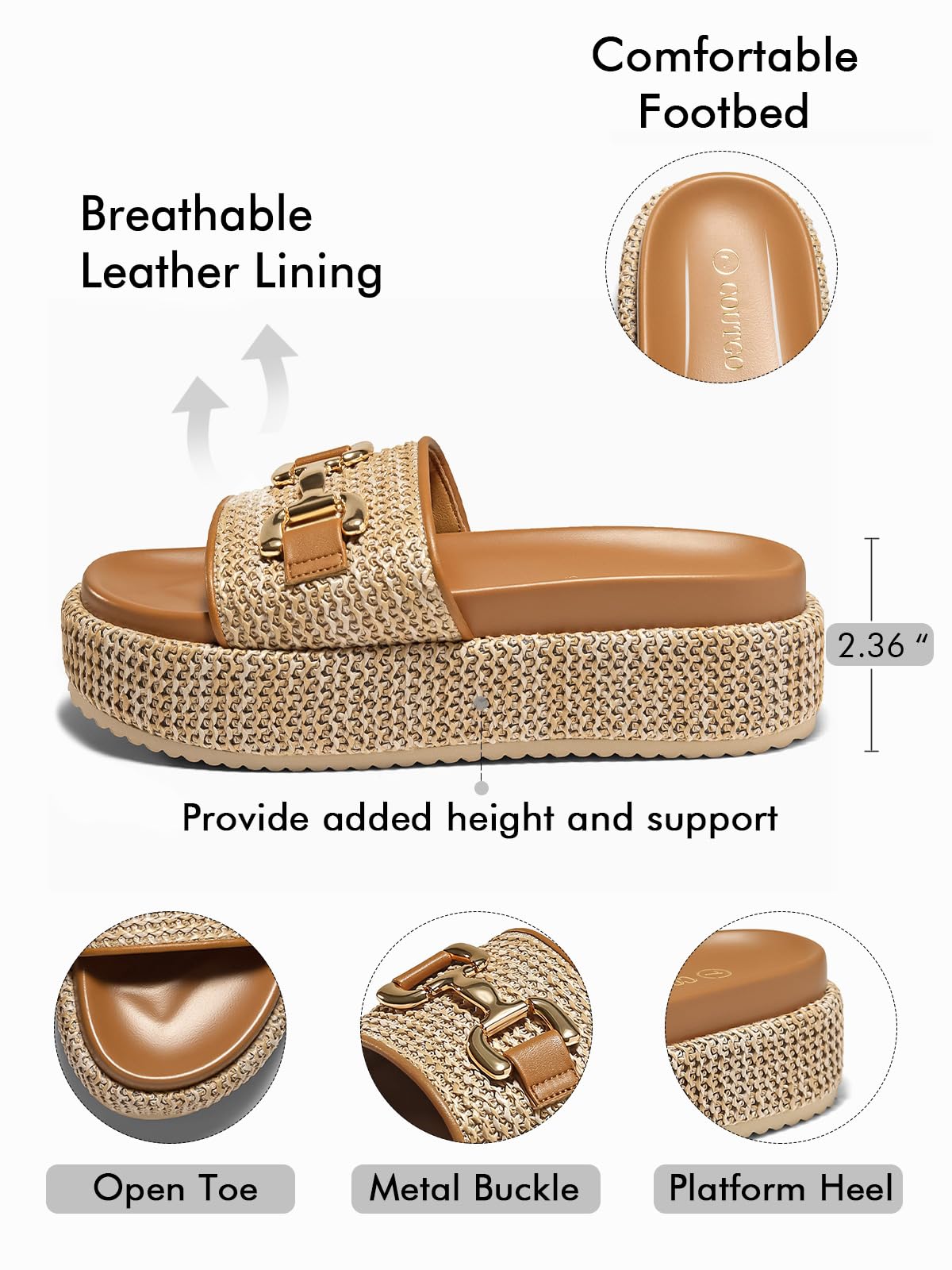Coutgo Womens Platform Sandals Raffia Espadrilles Metal Chain Slip on Open Toe Cute Beach Slide Sandals