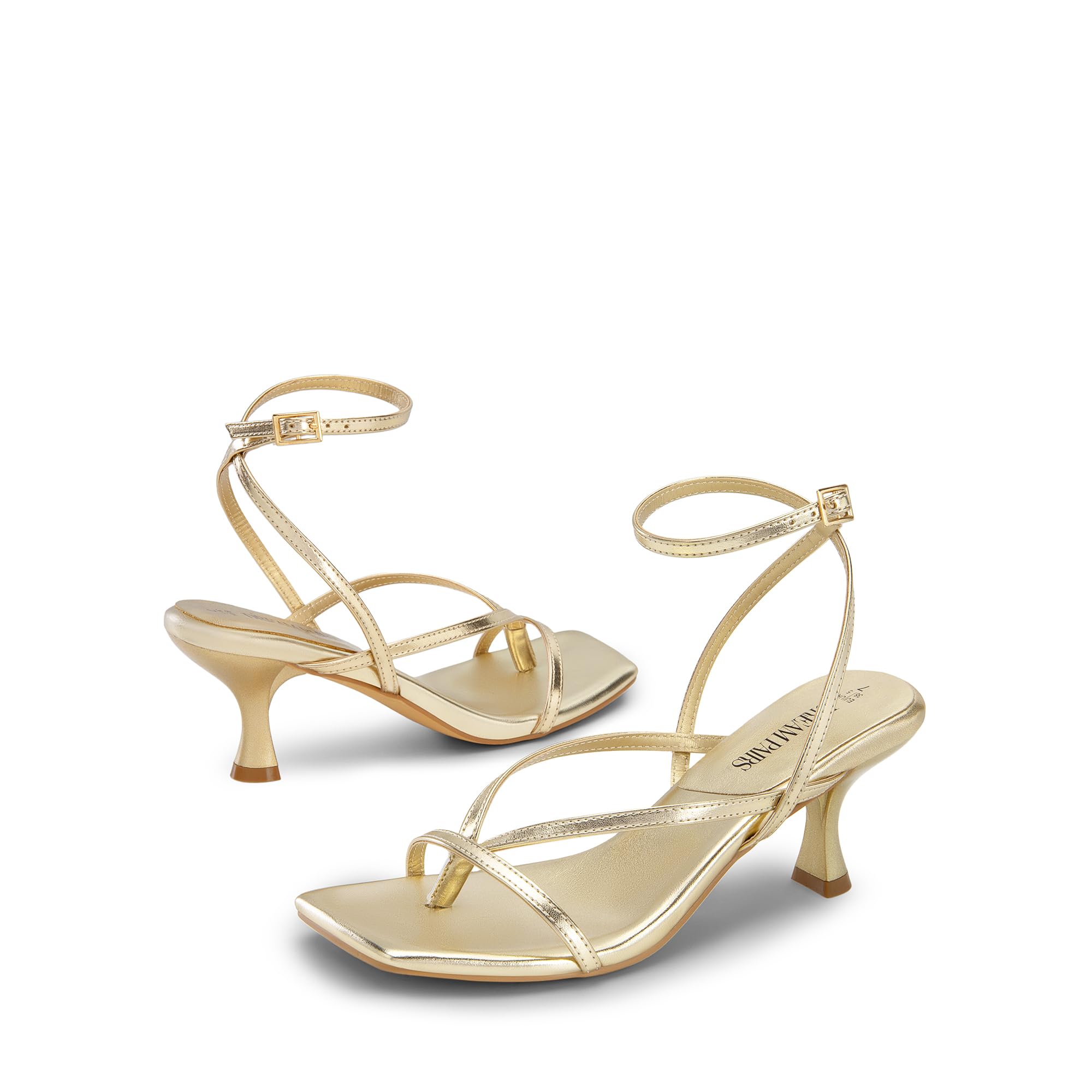 DREAM PAIRS Women's kitten Low Strappy Lace Up Heels Open Square Toe Thong Ankle Strap Heels Sexy Fashion Comfort Dress Shoes Party Sylvestra Pumps Heeled Sandals,Size 9,Gold-Pu,SDHS2405W
