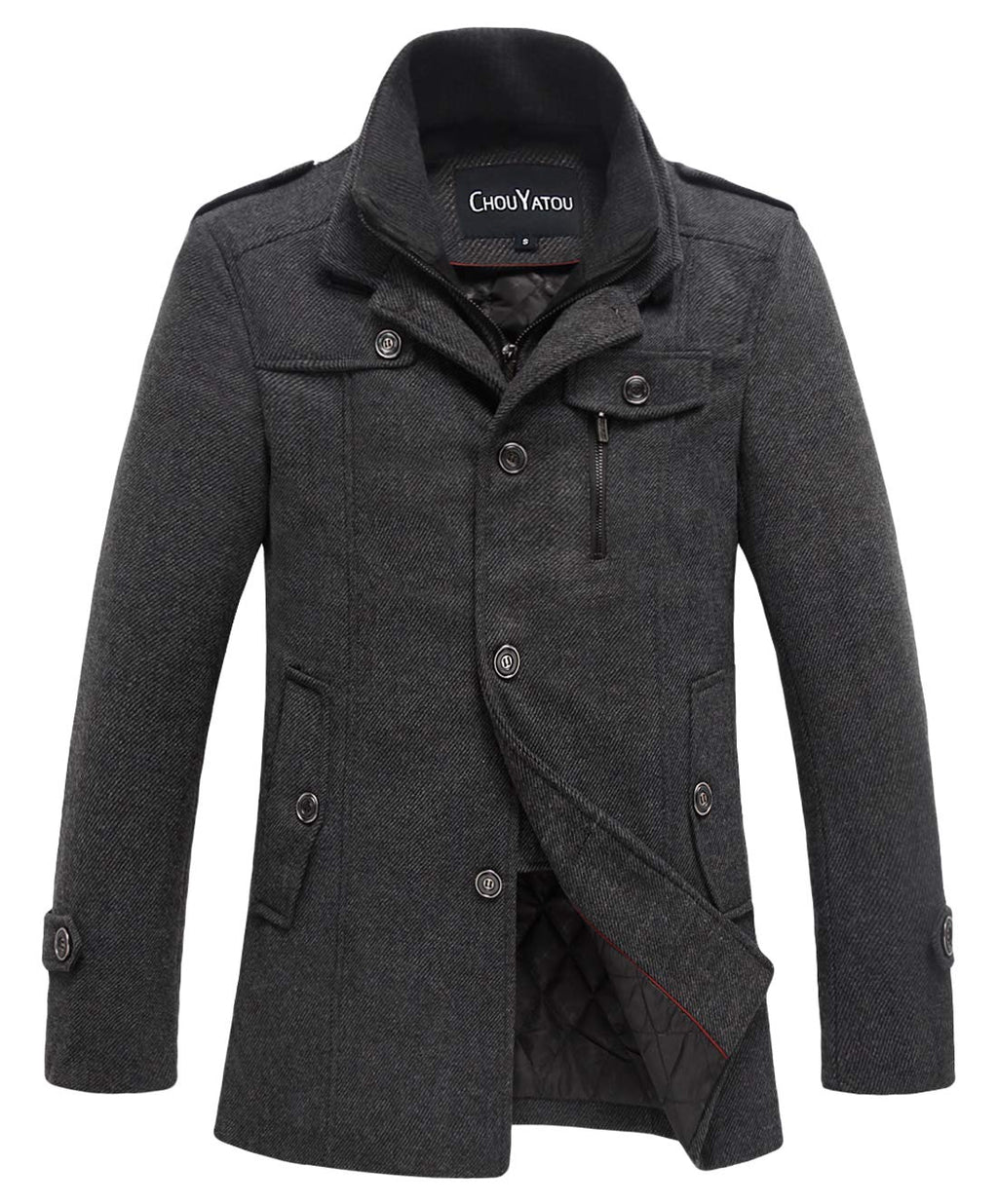chouyatou Men's Winter Stylish Wool Blend Single Breasted Military Peacoat (Small, Thick-Grey)
