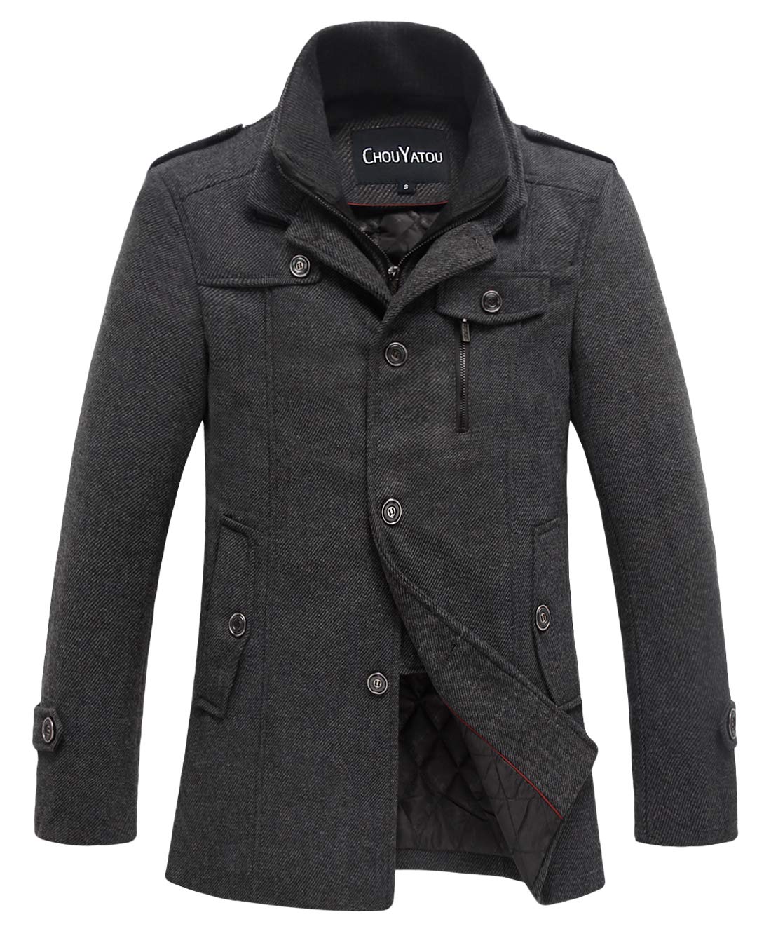 chouyatou Men's Winter Stylish Wool Blend Single Breasted Military Peacoat (Small, Thick-Grey)