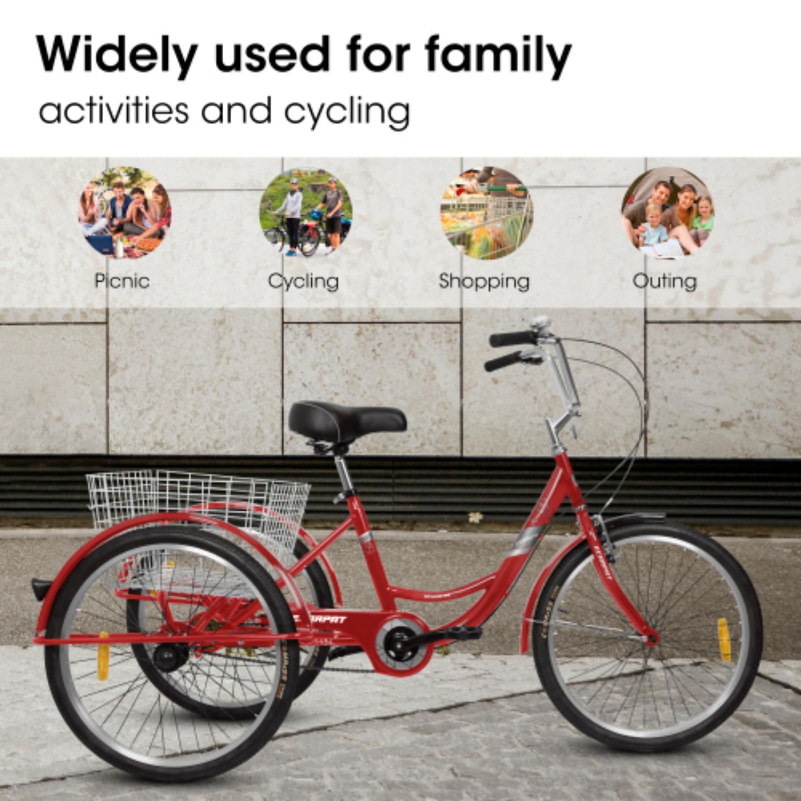 RENPINYOUX Tricycle, Adult Tricycle, 24" Tricycle with Shopping Basket, 350 Lb Capacity, Easy to Install, Suitable for Seniors, Women and Men