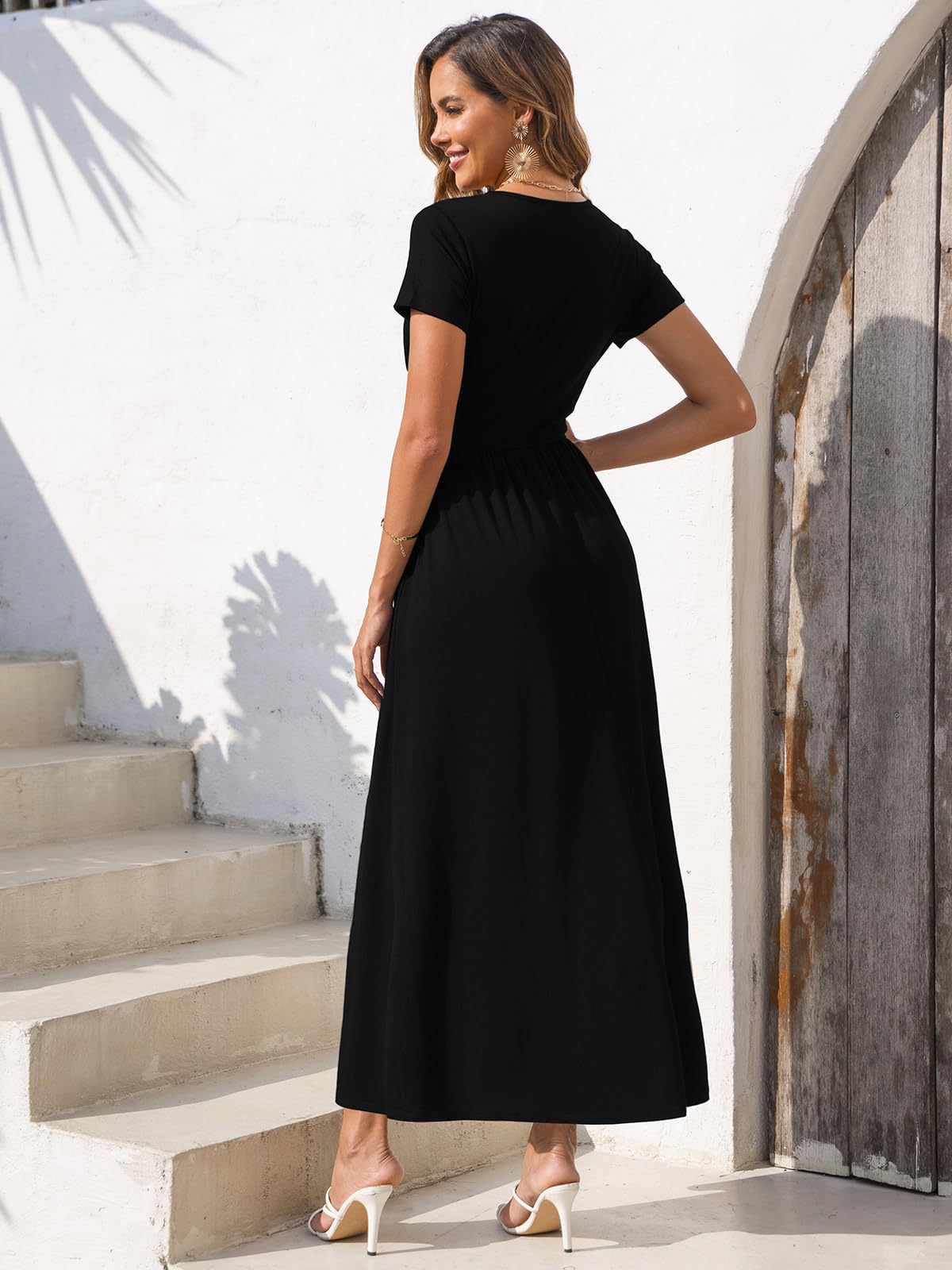Gracyoga Womens Black Empire Waist Dress Fall Midi Smocked Swing Dresses Vintage V Neck High Waist Casual Long Dinner Outfit for Teacher L