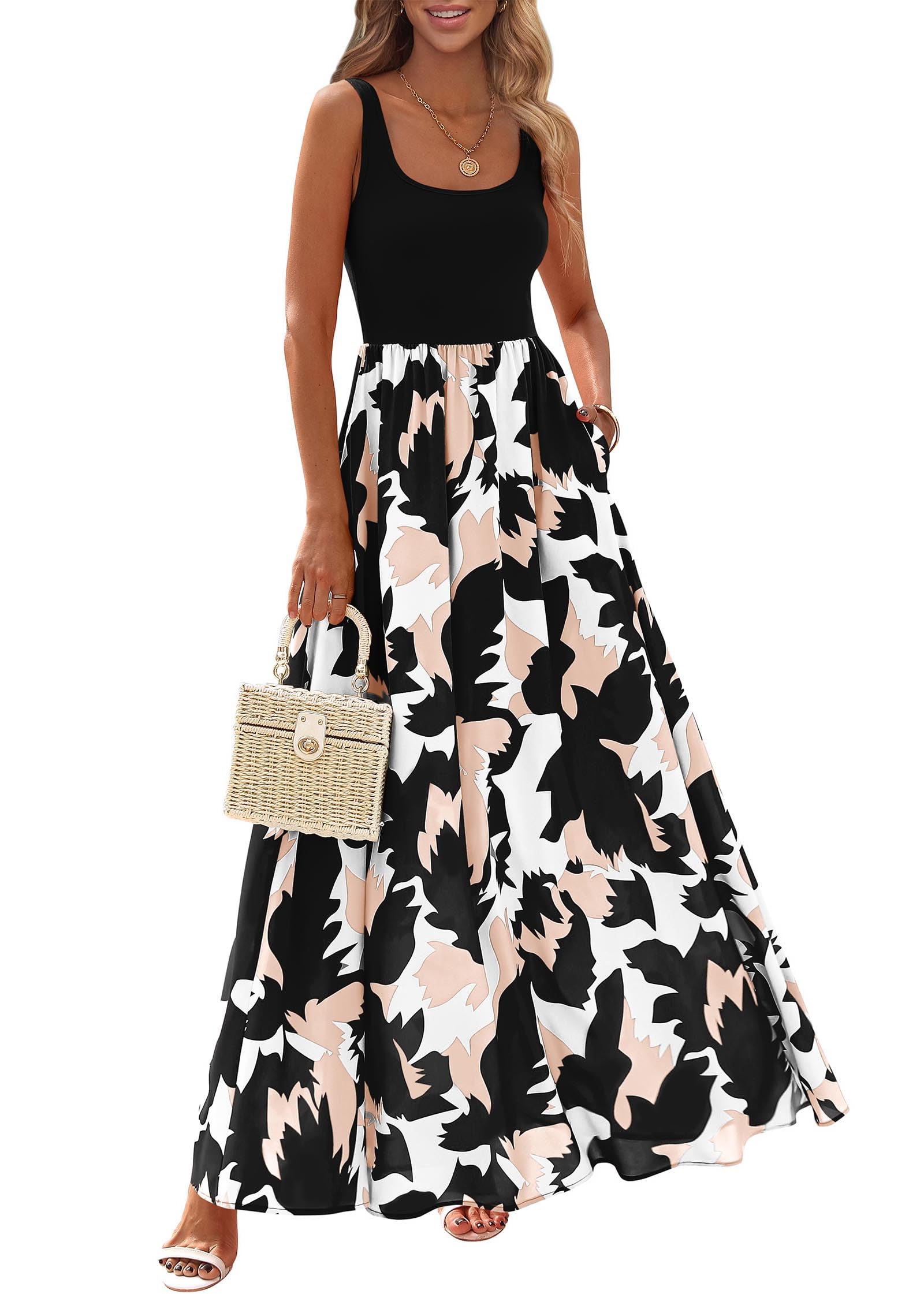 KIRUNDO Women Summer Sleeveless Boho Floral Maxi Dress 2026 Scoop Neck Tank A Line Flowy Beach Vacation Resort Wear Sundress(Black, Small)