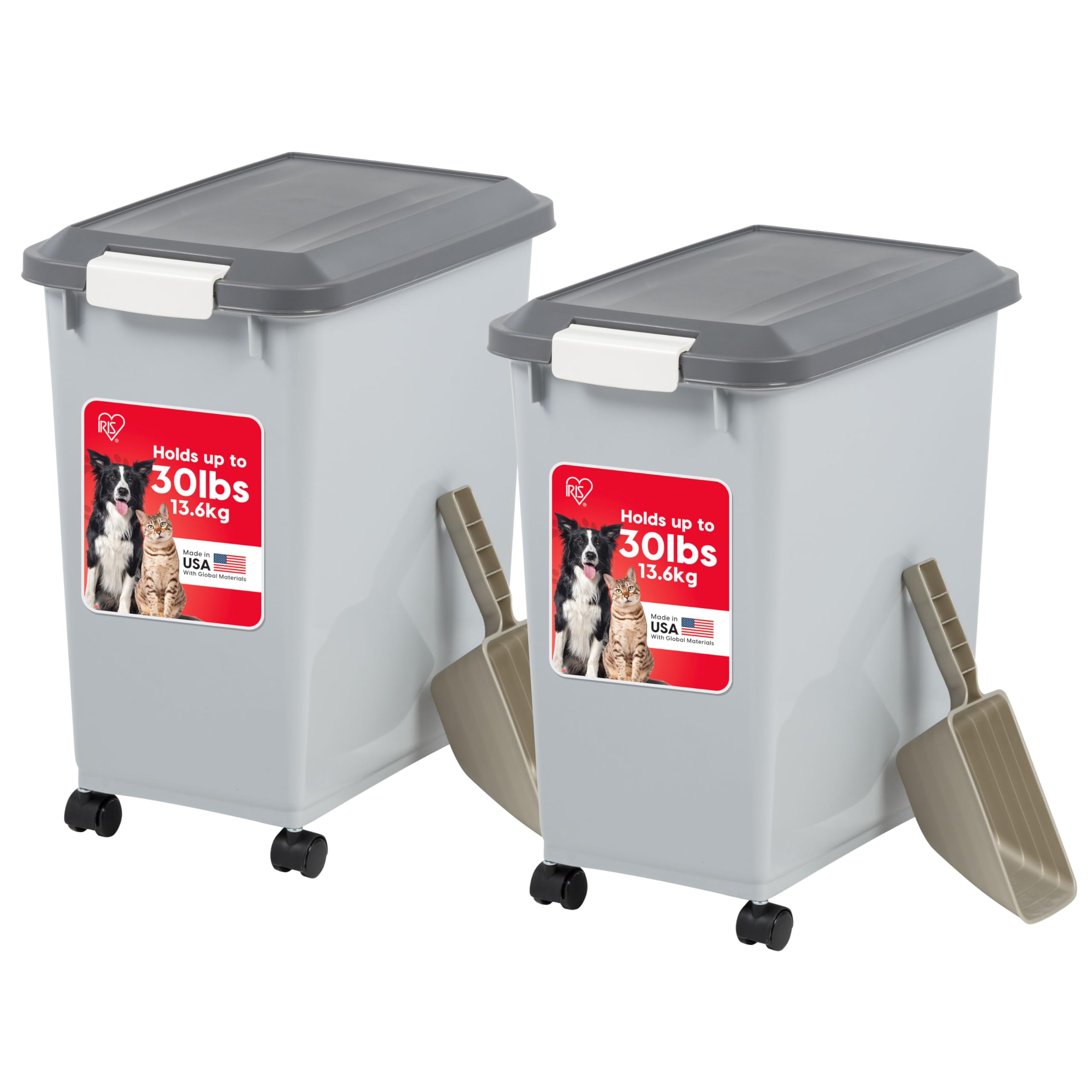 IRIS USA Dog Food Storage Container with Wheels, Airtight Lid, 2-Cup Scoop, Up to 30 Pounds Pet Food Storage, Built in Scoop Storage in Lid, Pet Food Bin, Portable, BPA Free, 2 Pack, Gray/Dark Gray