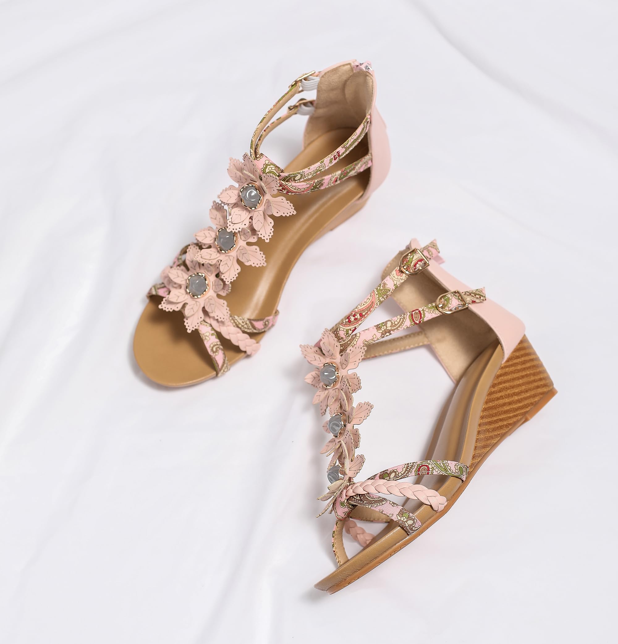FRALOSHA Wedge Sandals for Women Ankle Strap Flower Sandal Dressy Summer Heel Beach Casual Shoes Pink 9