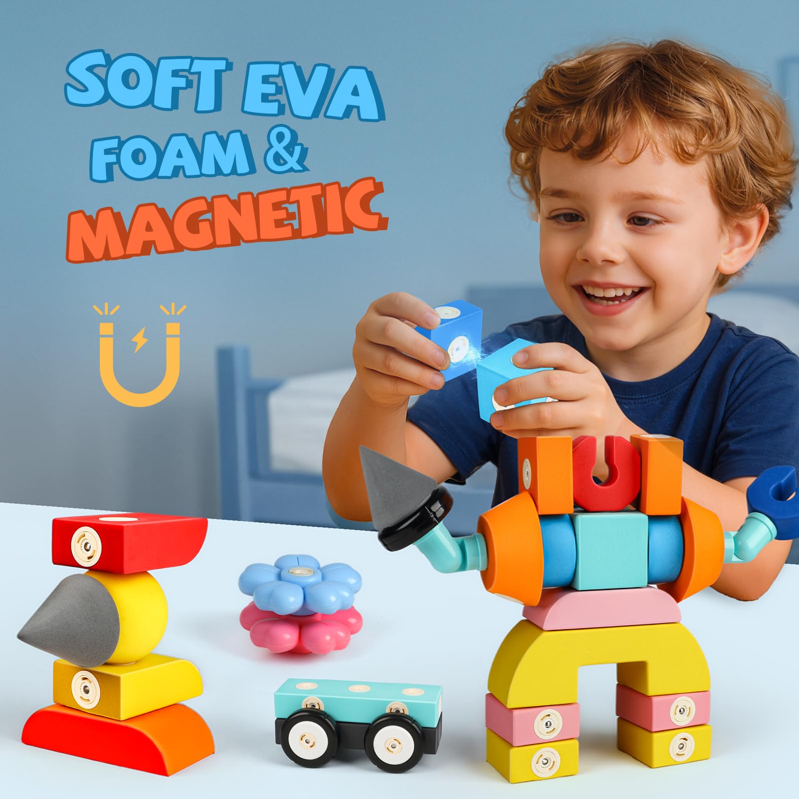 Joyfresh Foam Magnetic Blocks for Toddlers, 100pcs,Big Building Block for Kids 2 3 4 5 Years Old, Soft EVA Blocks Toys Gifts for Boys Girls