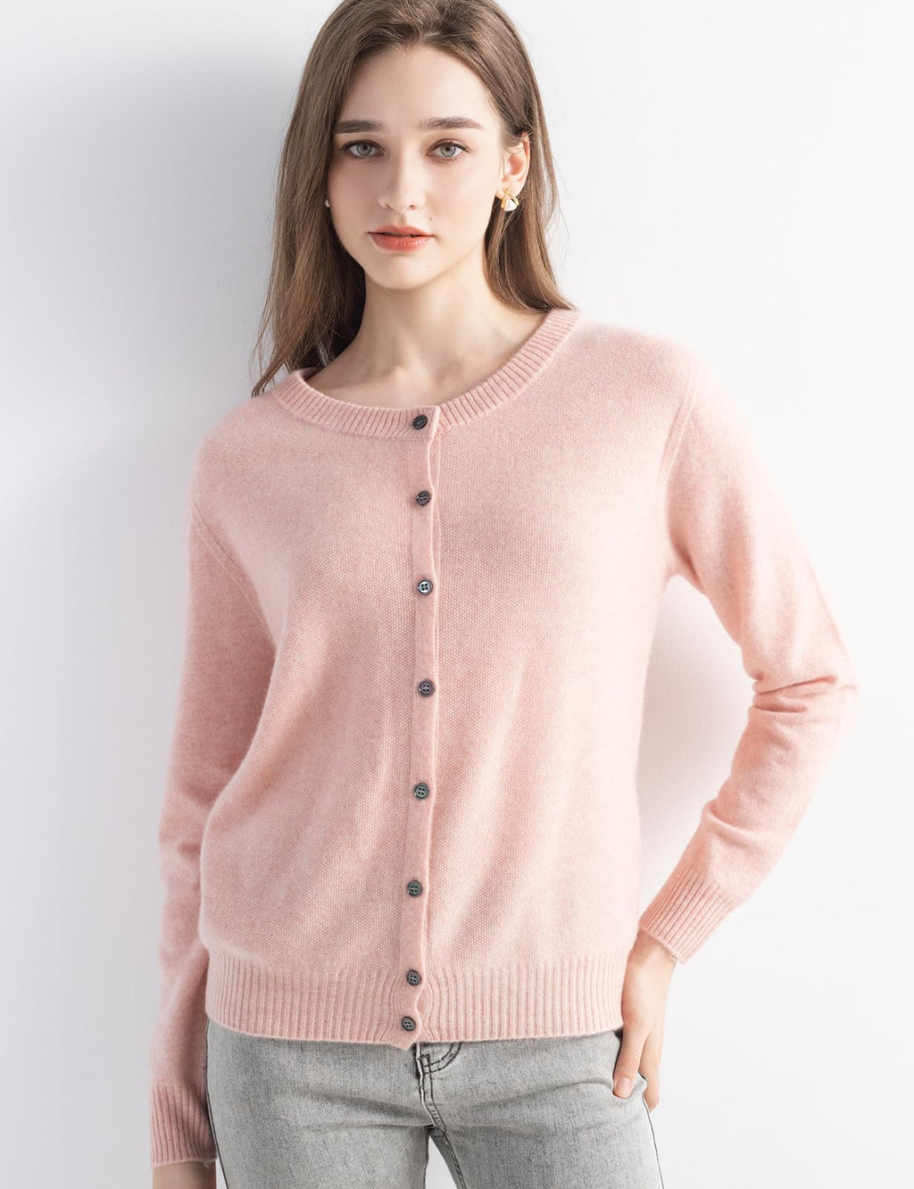 Chanyarn Women's 100% Pure Cashmere Cardigan Crew Neck Long Sleeve 2025 Fall Winter Warm Soft Knit Cardigan Sweater (Pink17176,M)