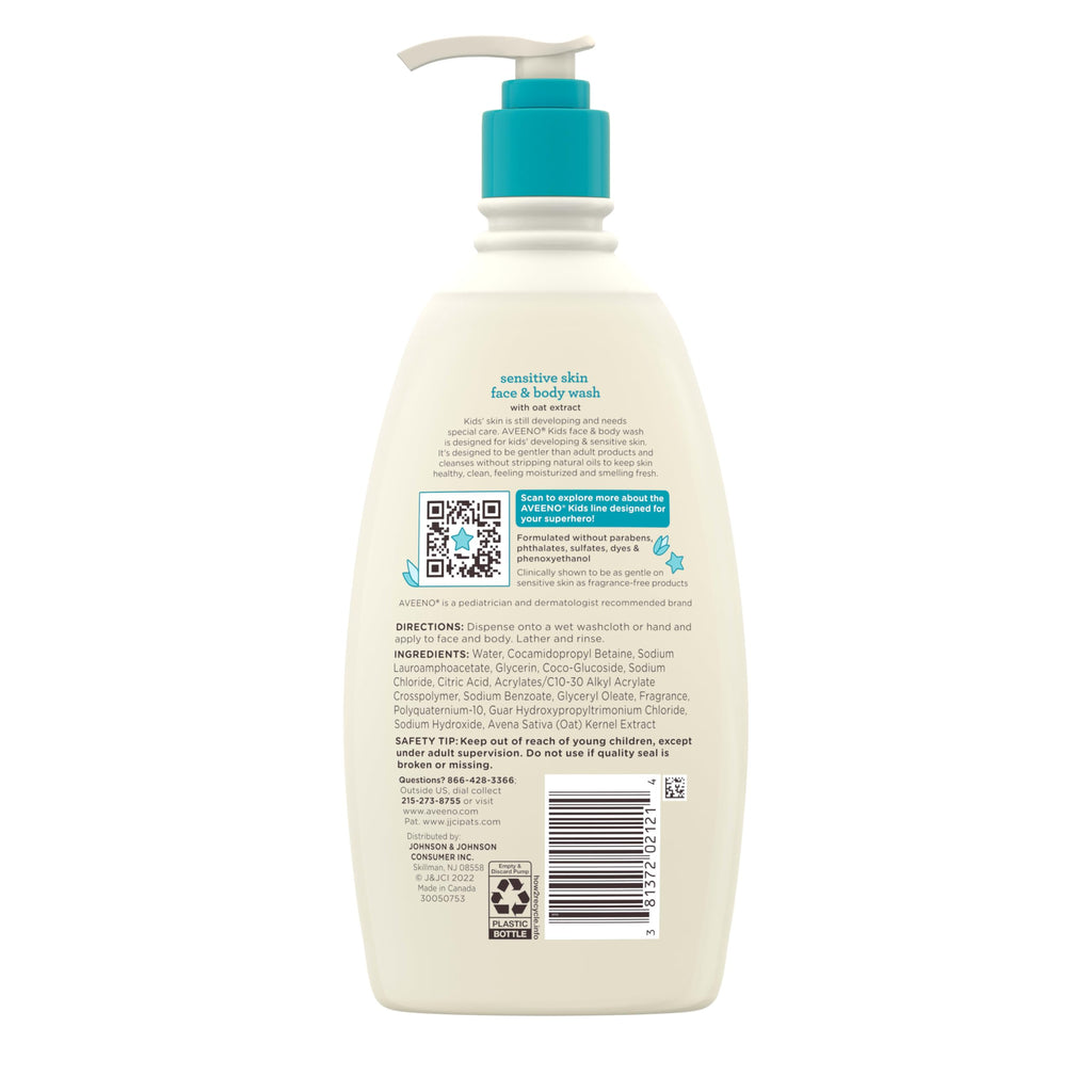 Aveeno Kids Face & Body Wash for Sensitive Skin, Oat Extract, Tear-Free, Non-Drying, Light Scent, Pump Dispenser, Hypoallergenic, Sulfate & Dye Free, 18 fl oz