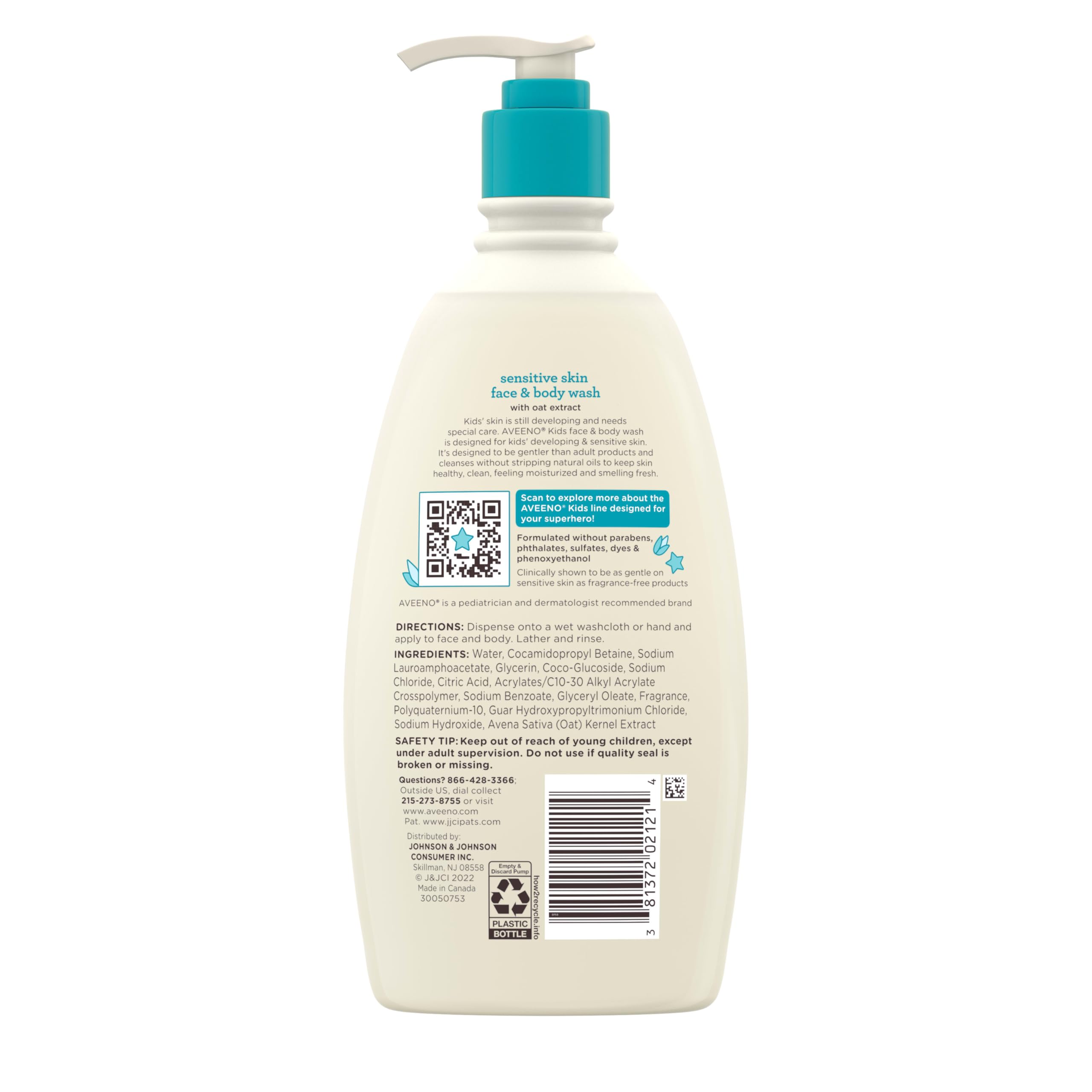 Aveeno Kids Face & Body Wash for Sensitive Skin, Oat Extract, Tear-Free, Non-Drying, Light Scent, Pump Dispenser, Hypoallergenic, Sulfate & Dye Free, 18 fl oz