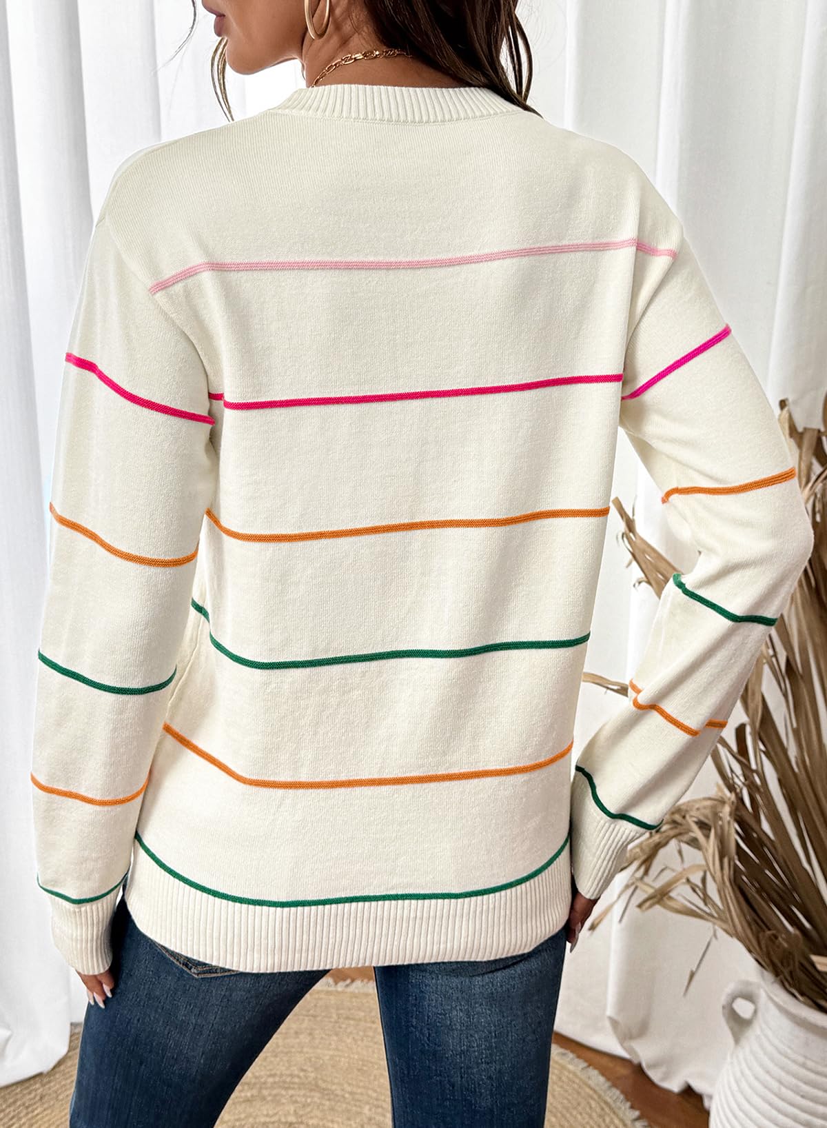 SHEWIN Womens Sweaters Crew Neck Striped Sweater Women Lightweight Womens Fall Tops Long Sleeve Tops Sweaters for Women Fall Outfits 2026 White Small