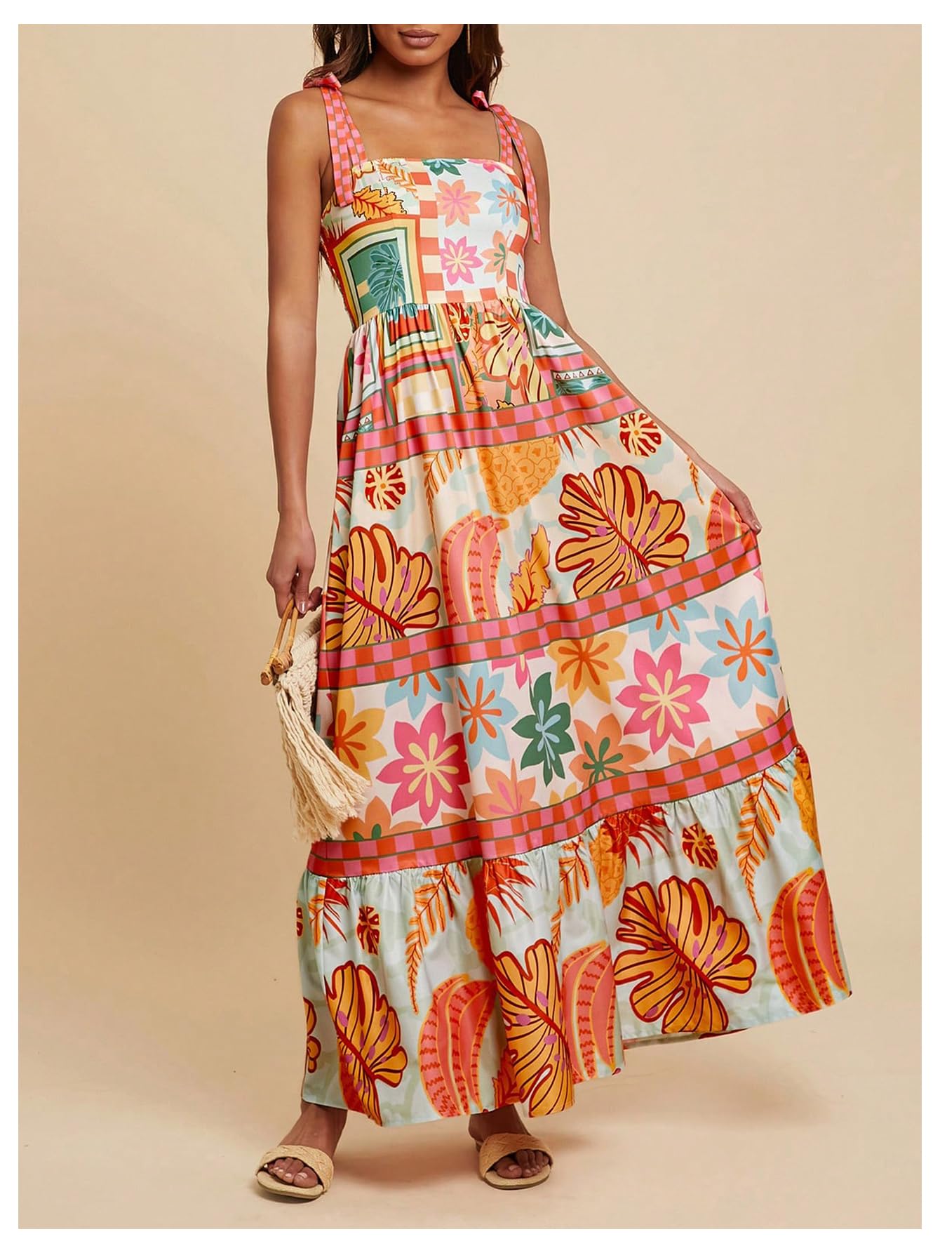 WDIRARA Women's Boho Floral Sleeveless Ruffle Maxi Dress Tropical Graphic Tie Shoulder Smocked Cami Dresses Multicolor Orange Small