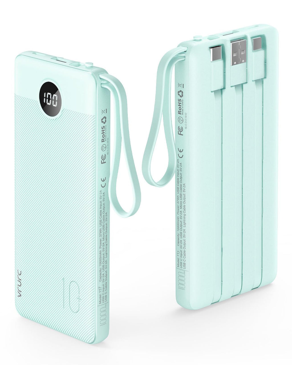 VRURC Portable Charger with Cables for iPhone, 22.5W Fast Charging USB C Power Bank 10000mAh, Compact Cell Phone Battery Pack with Cords for iPhone 17 16 15 14 13,Samsung Galaxy-Green(1 Pack)